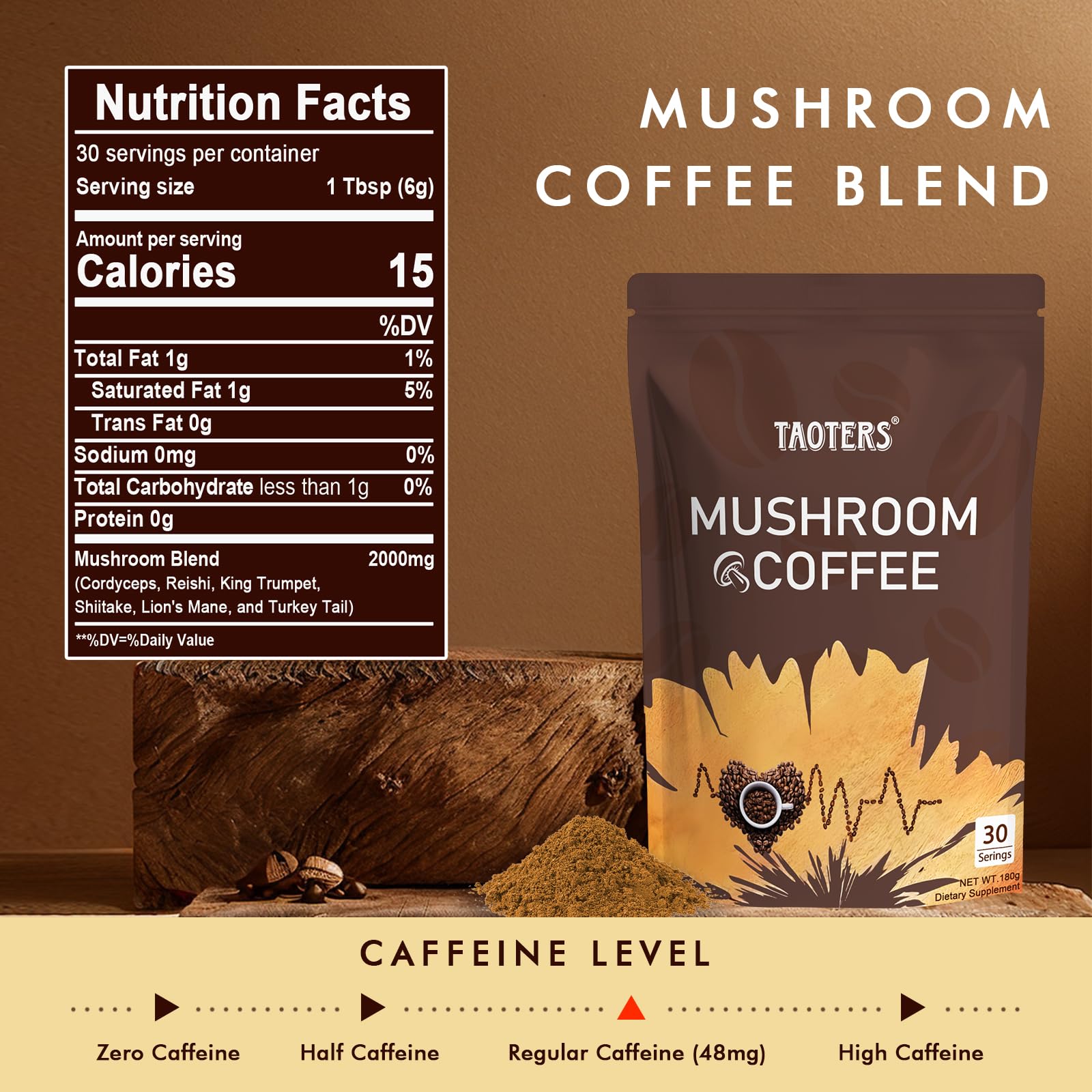 TAOTERS Mushroom Coffee Blend 180g back view with nutritional information