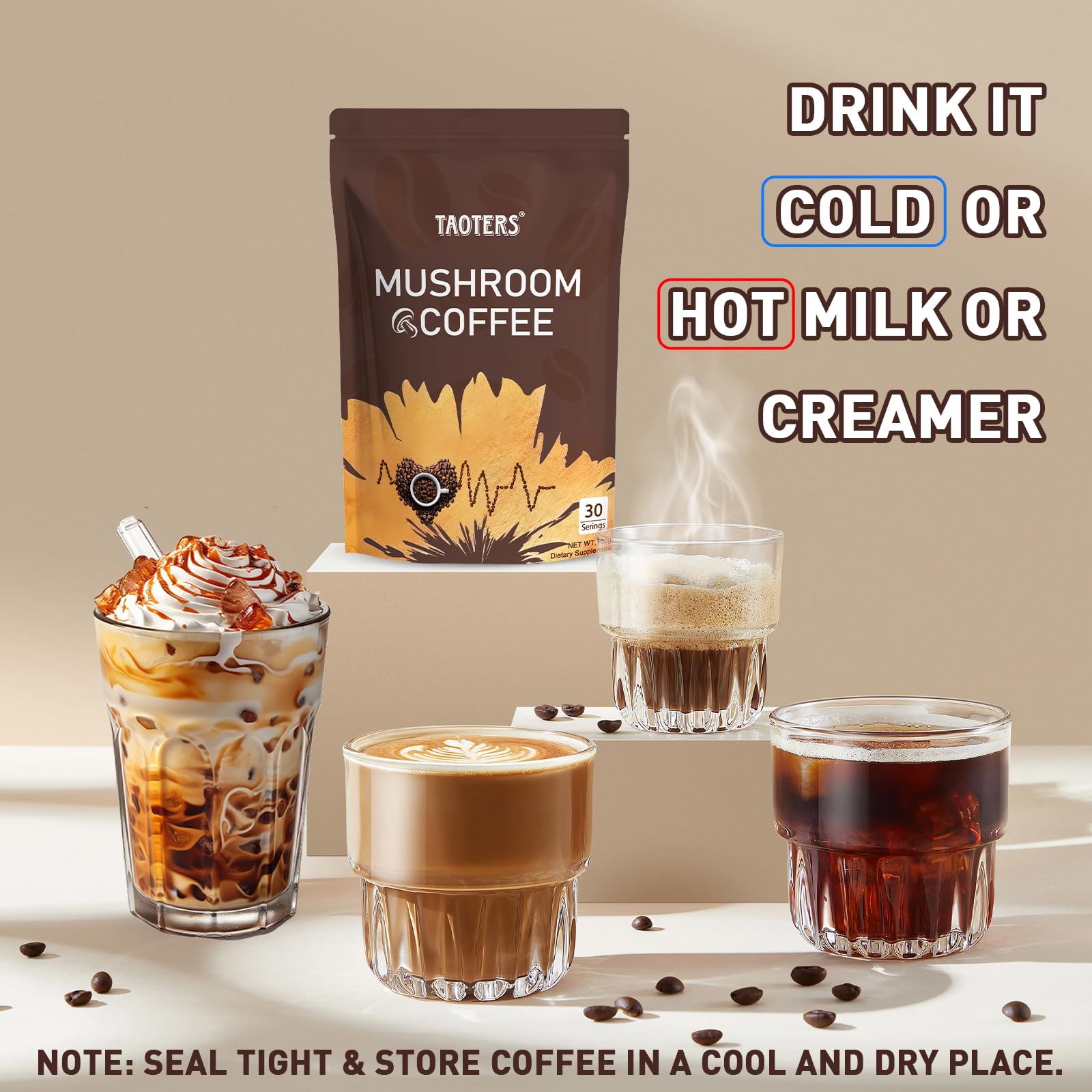 TAOTERS Mushroom Coffee Blend lifestyle scene with coffee