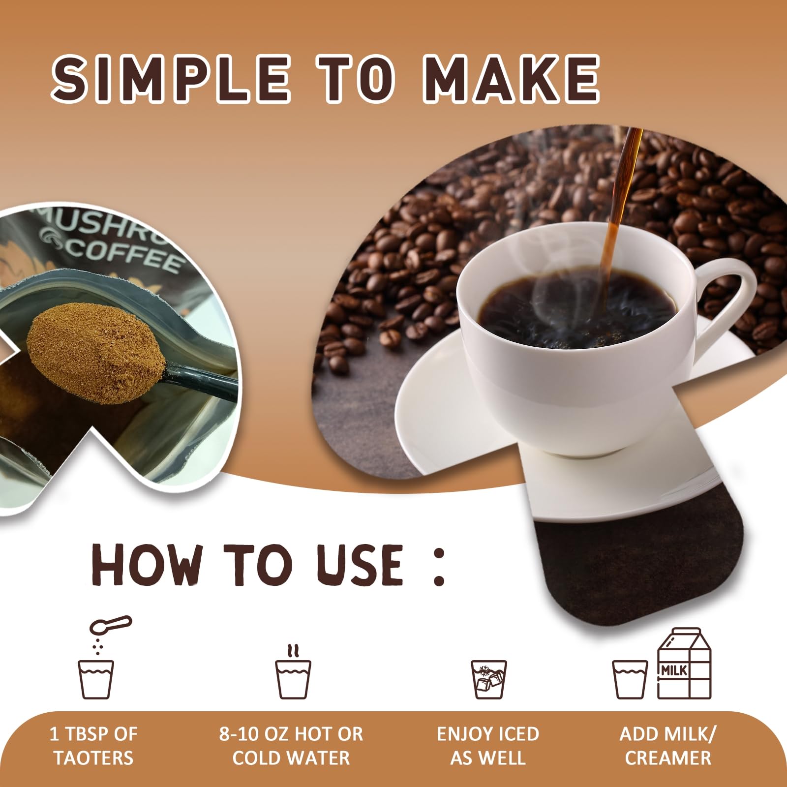 TAOTERS Mushroom Coffee Blend served in a cup with coffee