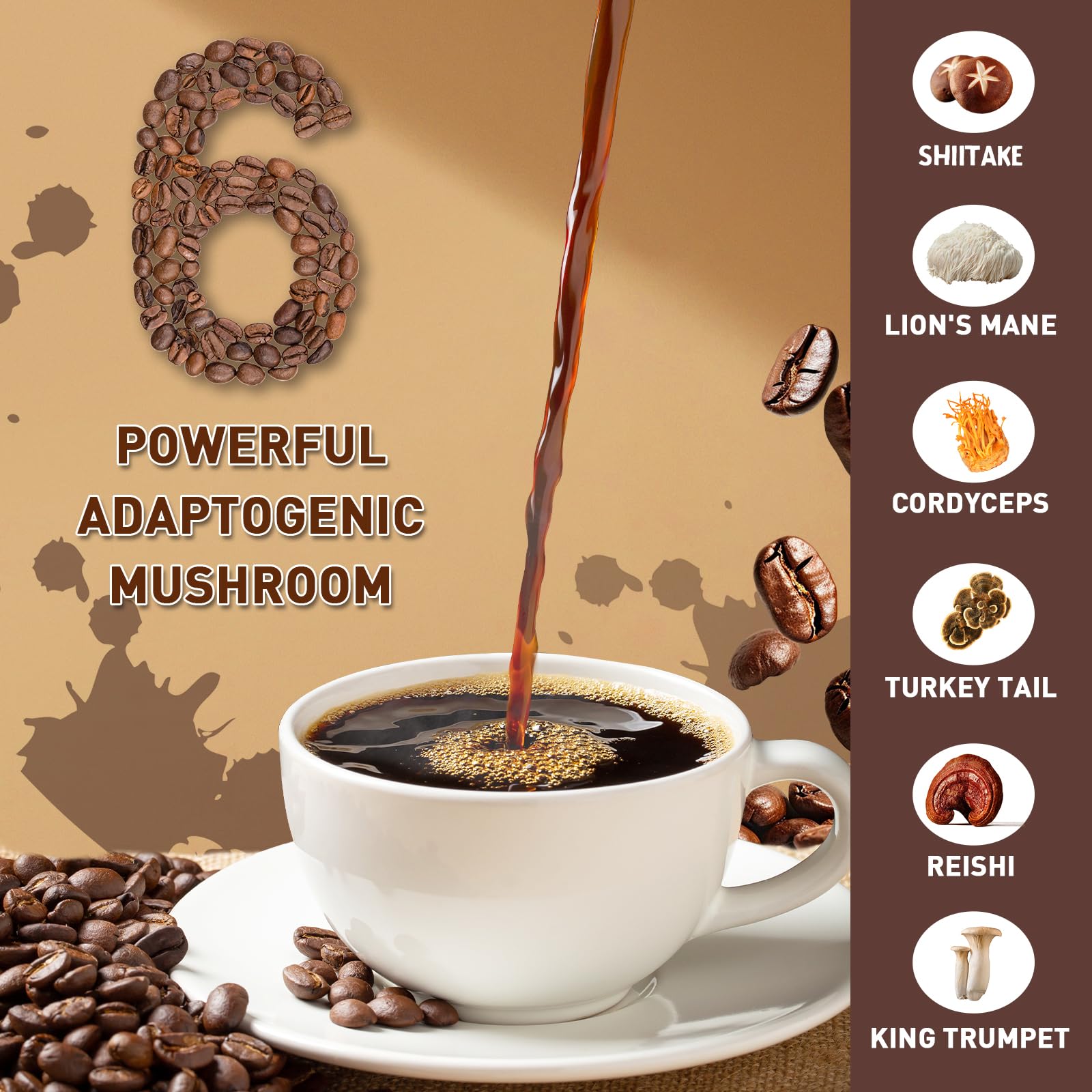 TAOTERS Mushroom Coffee Blend with coffee cup and mushrooms
