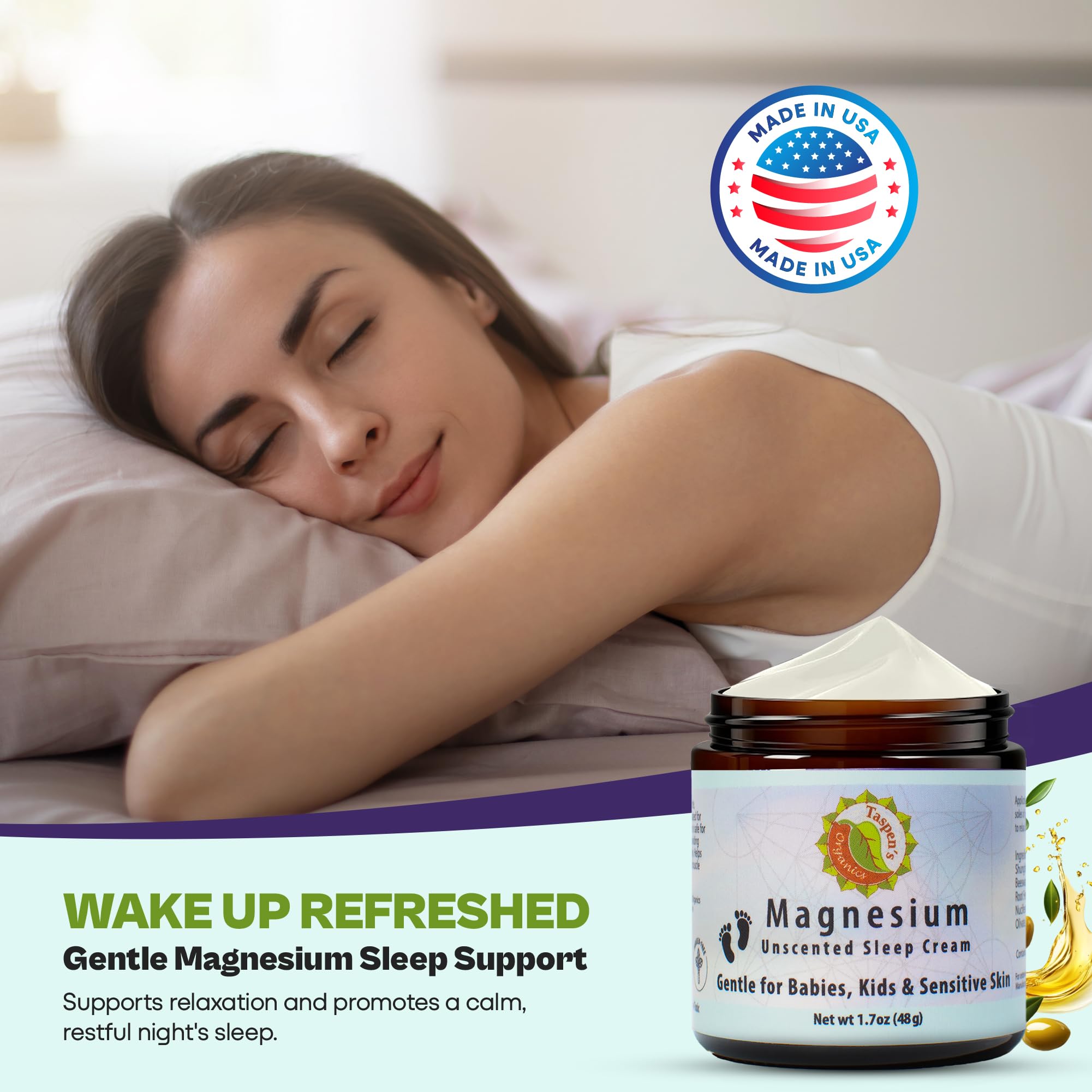 Taspen's Organics Magnesium Sleep Cream on a bedside table
