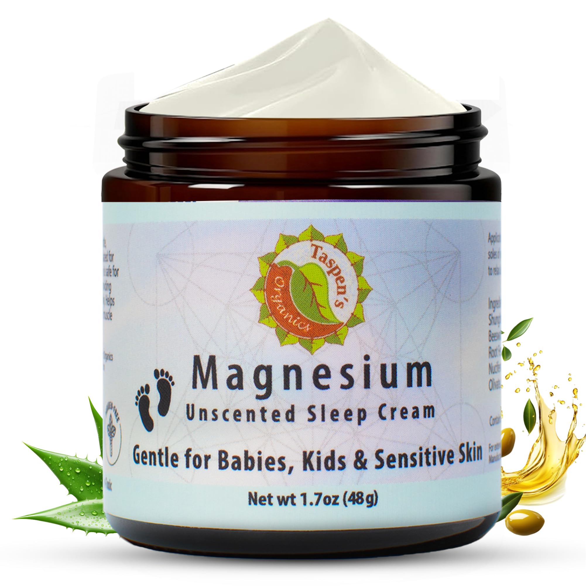 Taspen's Organics Magnesium Sleep Cream with a calming night scene
