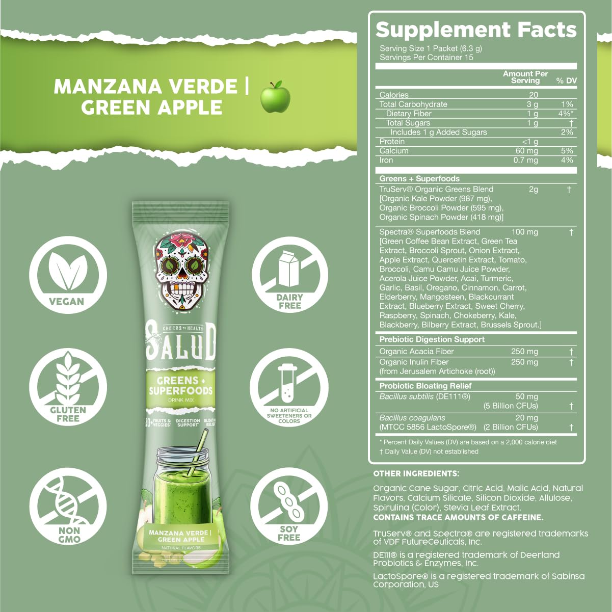 Taste Salud Spirulina 2-in-1 Greens & Superfoods stick pack contents