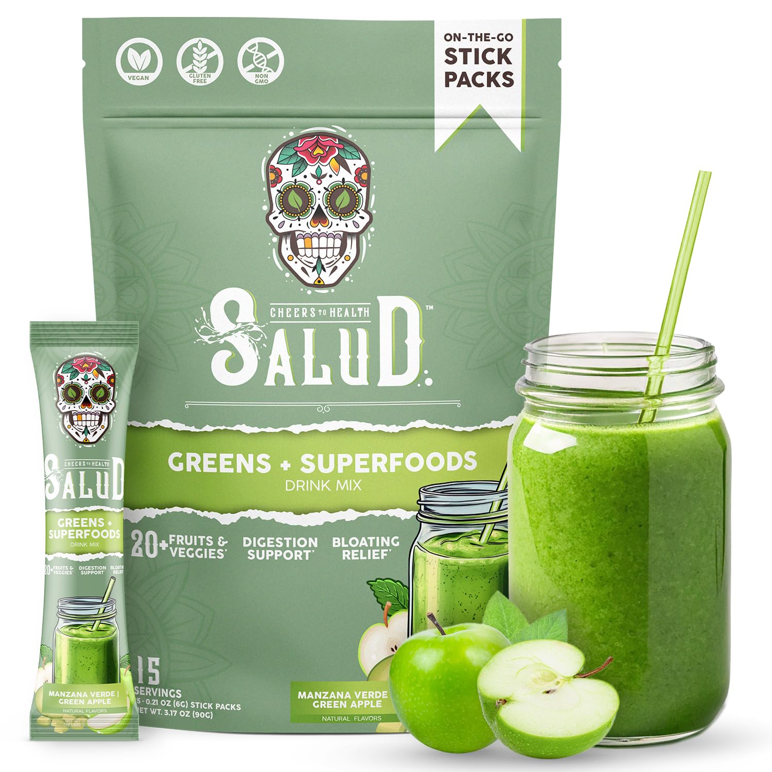 Taste Salud Spirulina 2-in-1 Greens & Superfoods stick pack front view