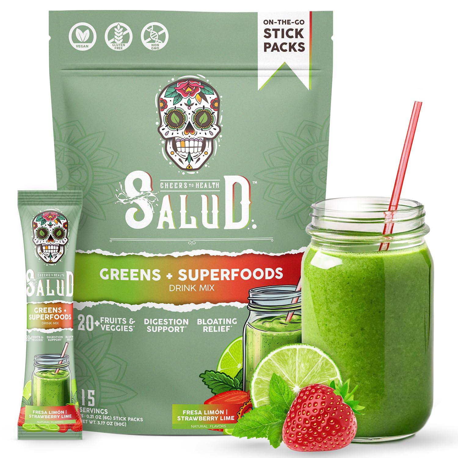 Taste Salud Spirulina 2-in-1 Greens & Superfoods stick pack front view