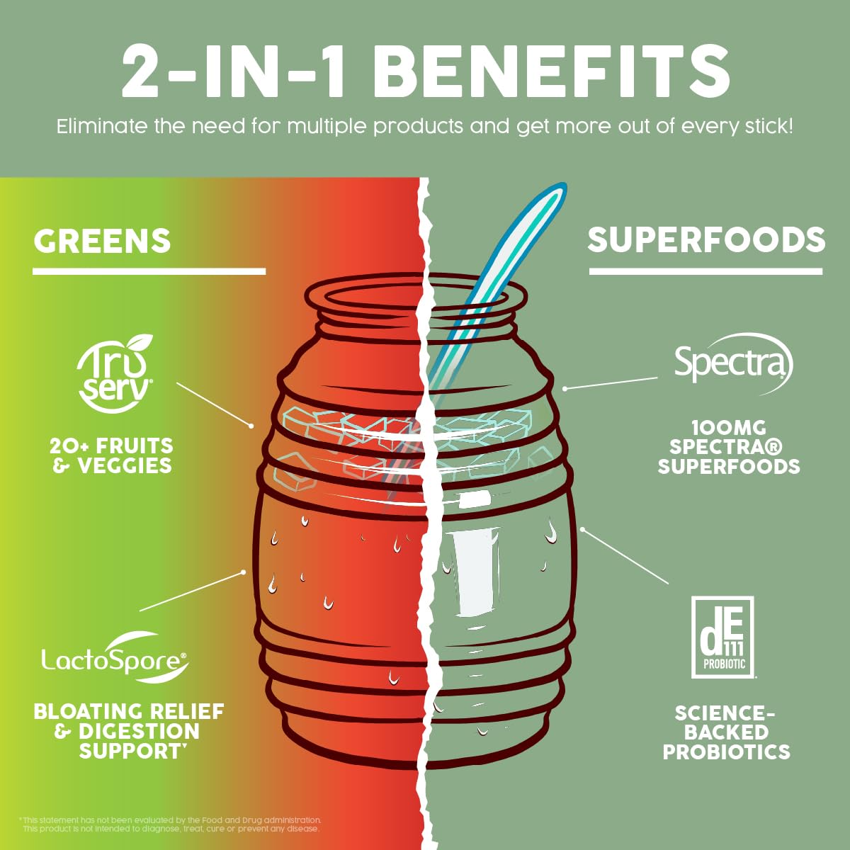 Taste Salud Spirulina 2-in-1 Greens & Superfoods stick pack on a kitchen counter