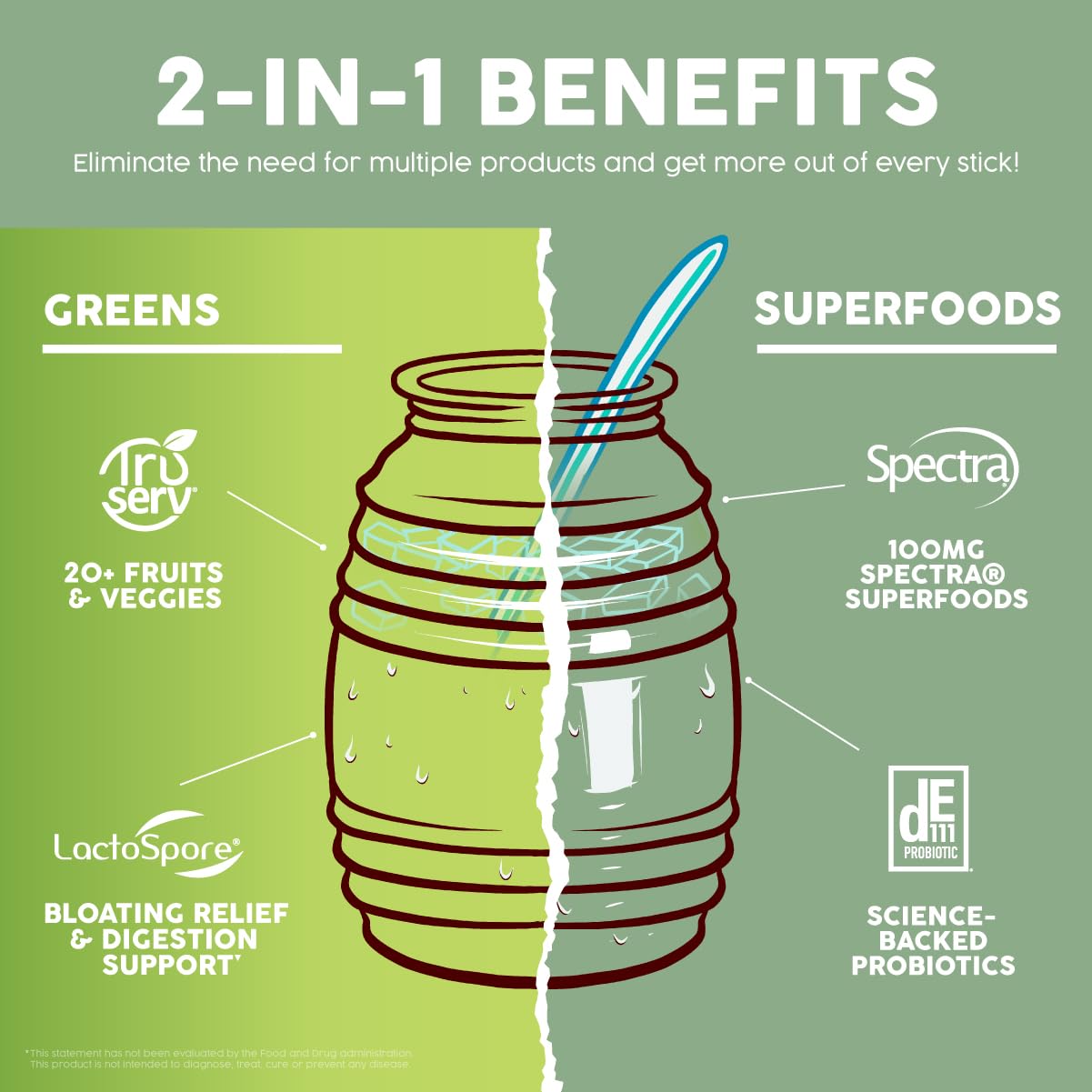Taste Salud Spirulina 2-in-1 Greens & Superfoods stick pack with fruits and vegetables