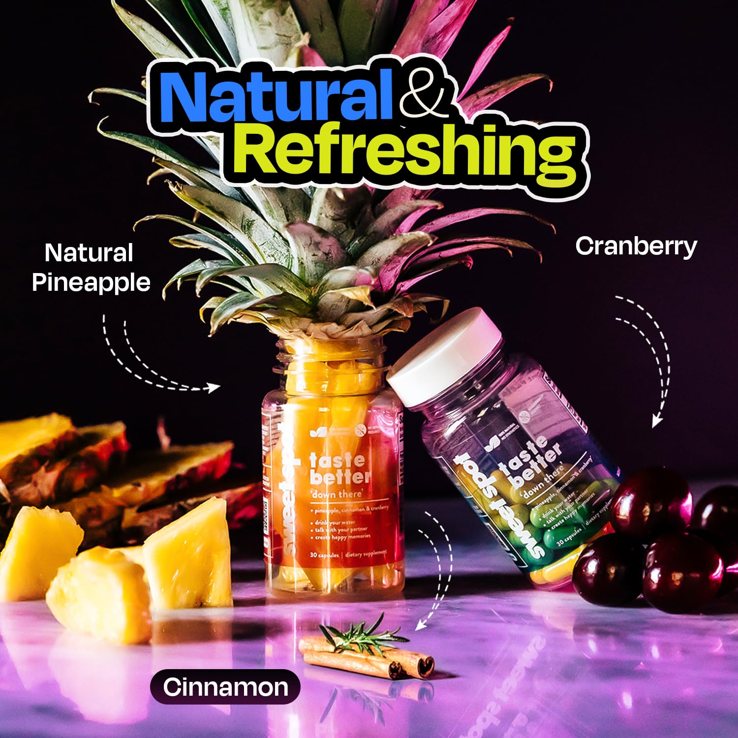 TASTE THE SWEET SPOT Probiotic Capsules open bottle with capsules