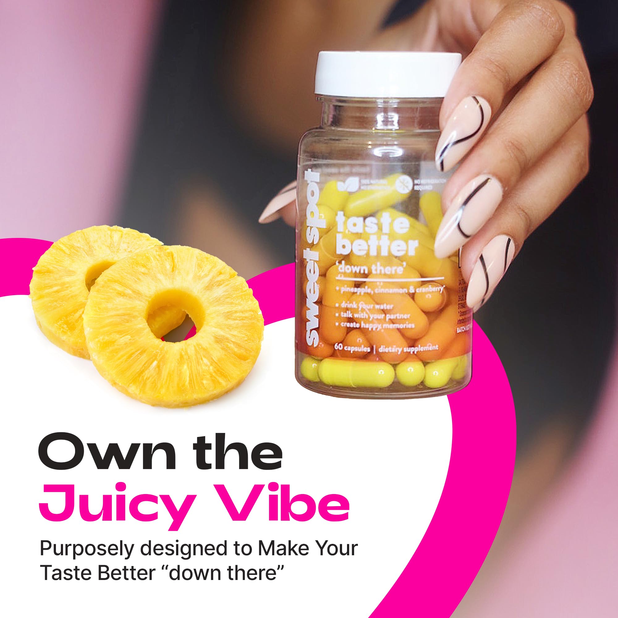TASTE THE SWEET SPOT Vaginal Health Capsules 500mg on a wooden surface