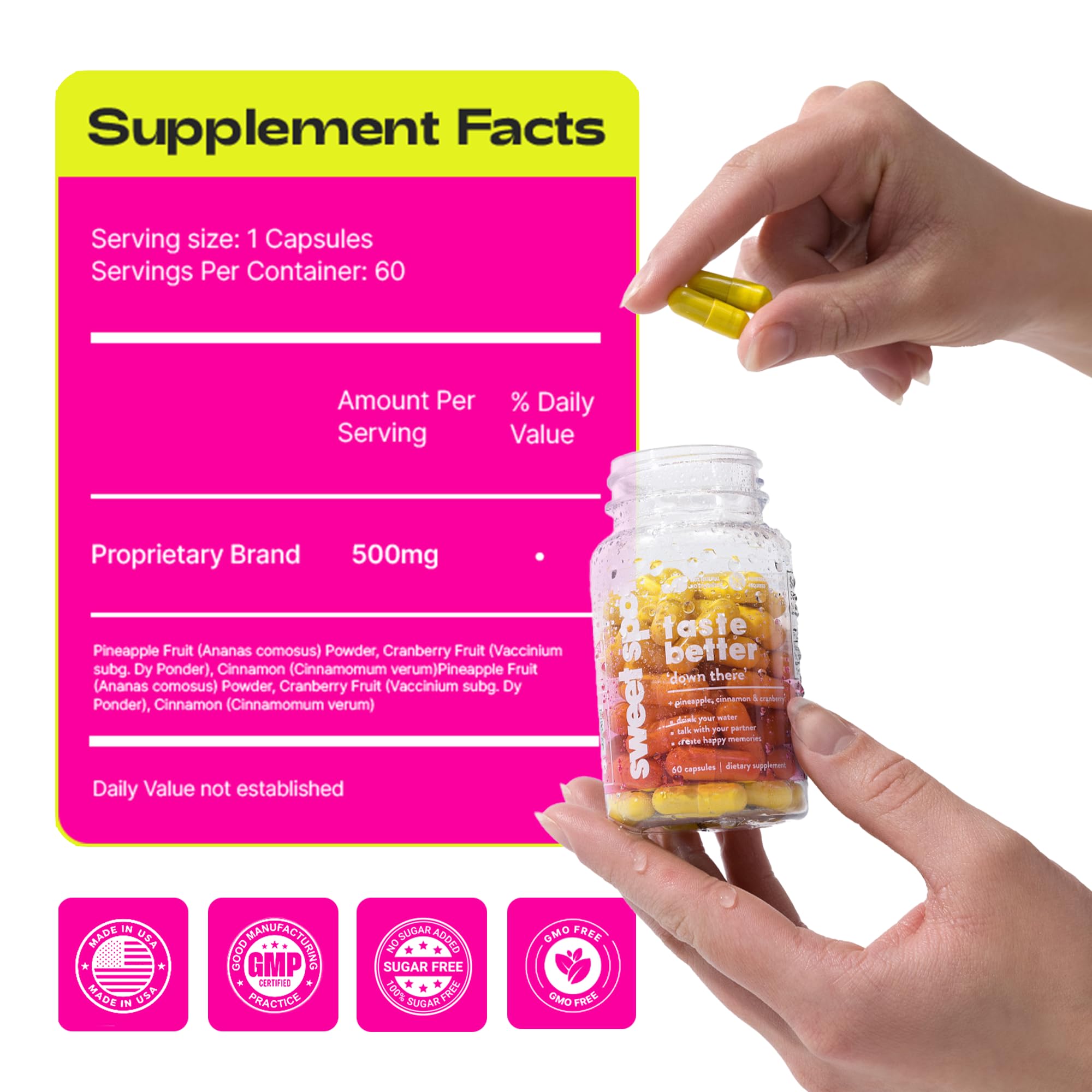 TASTE THE SWEET SPOT Vaginal Health Capsules 500mg with ingredients