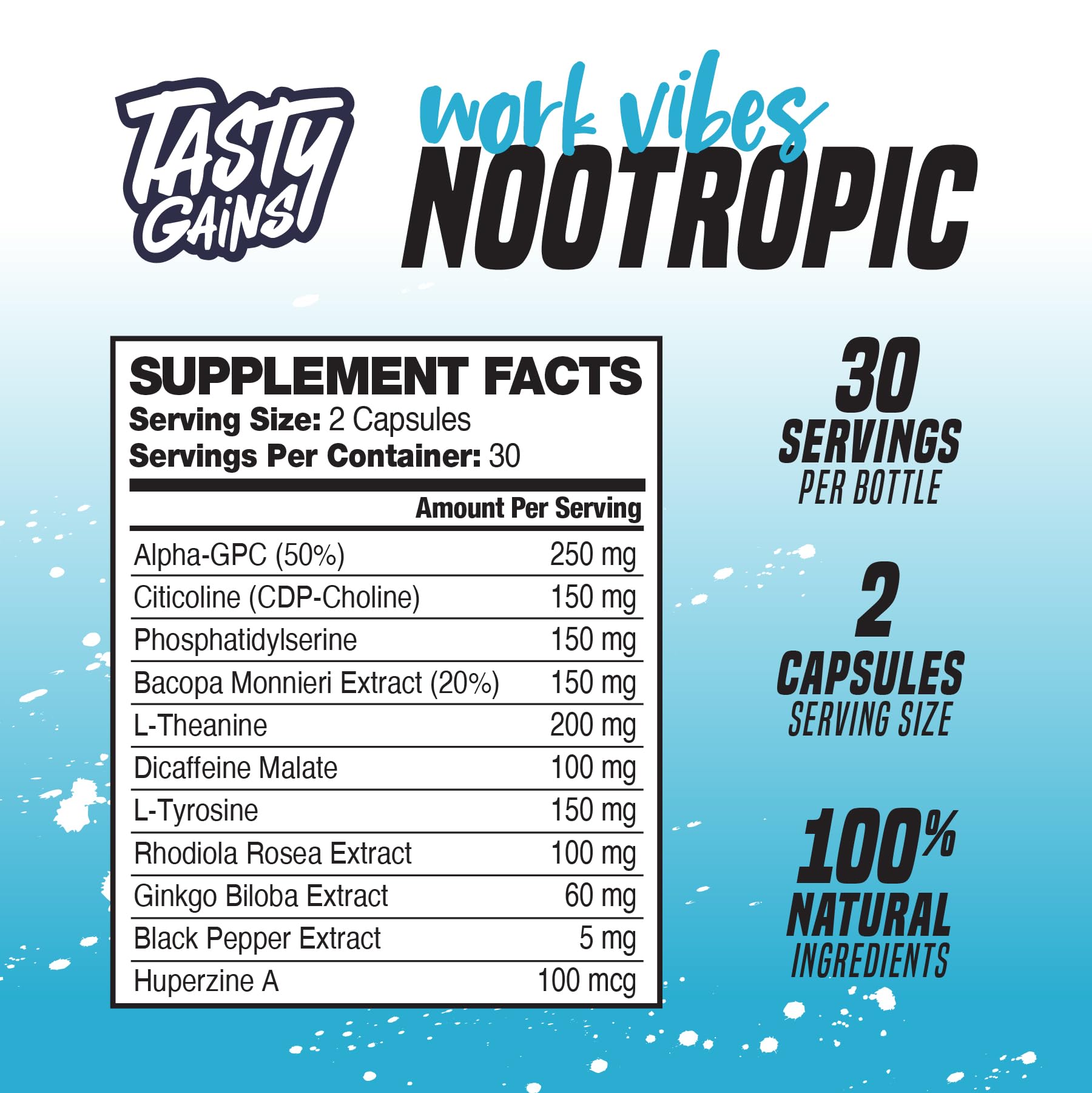 TASTY GAINS Brain Support Supplement 100g bottle with label