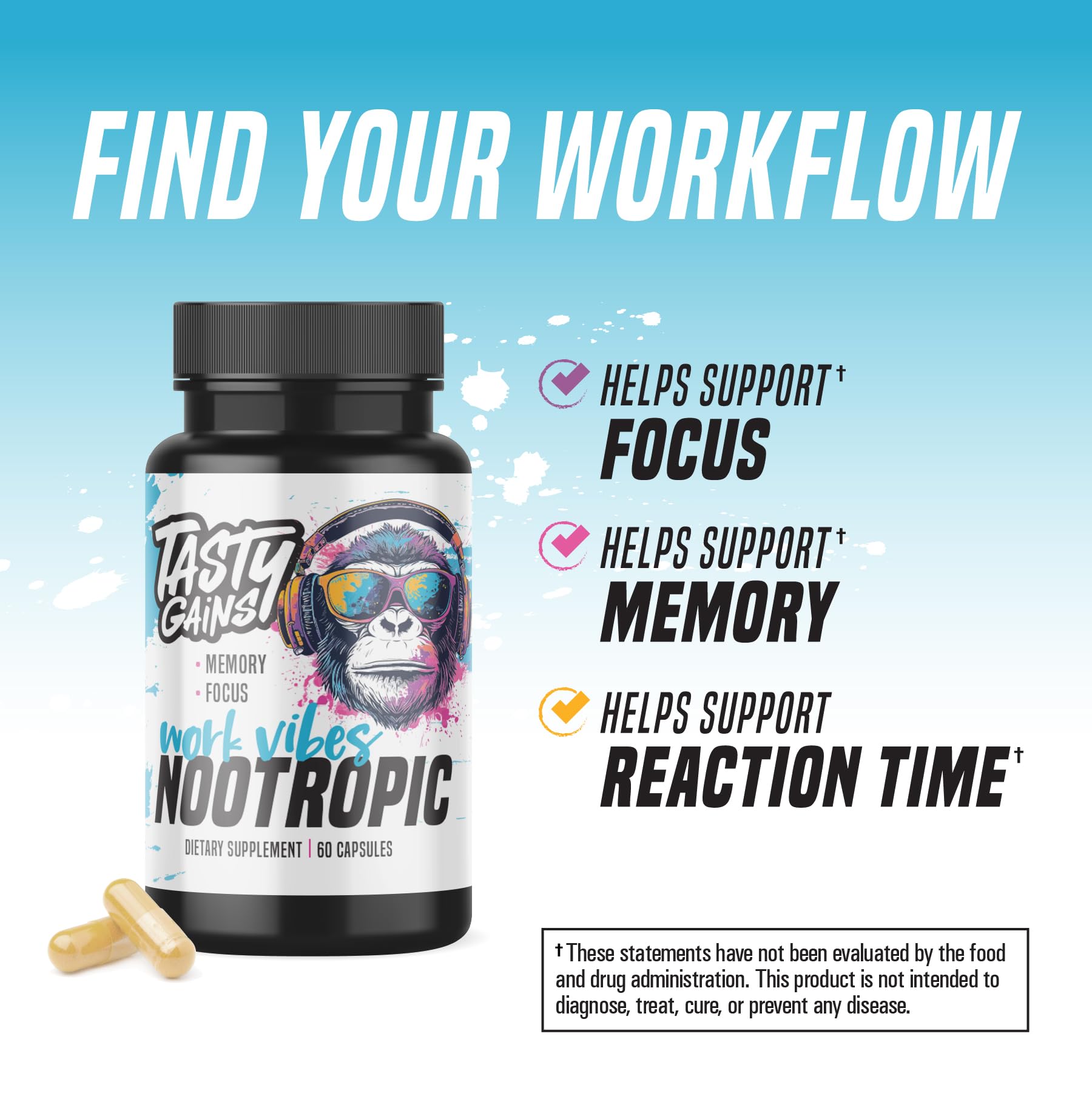 TASTY GAINS Brain Support Supplement 100g capsules on a table