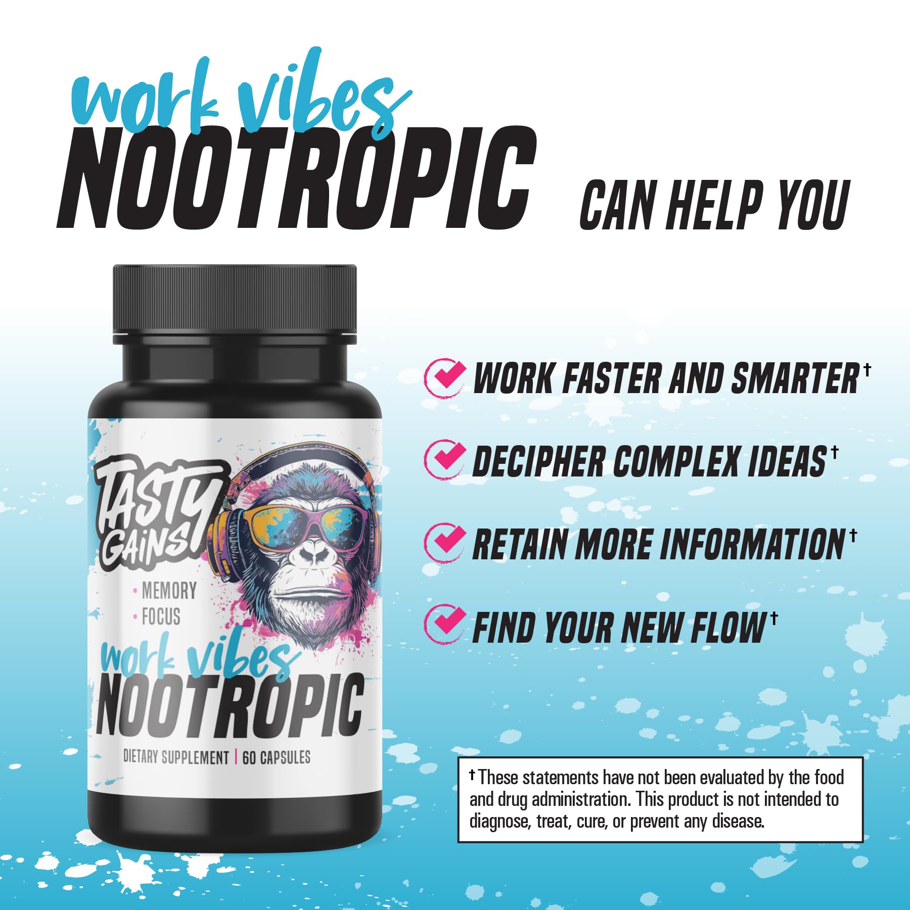 TASTY GAINS Brain Support Supplement 100g capsules open bottle