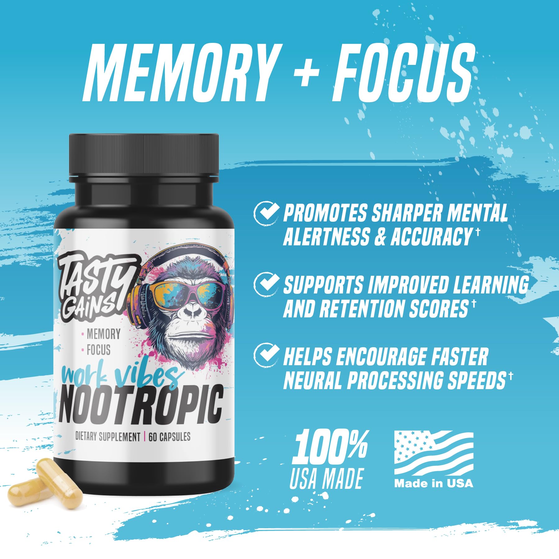 TASTY GAINS Brain Support Supplement 100g capsules side view