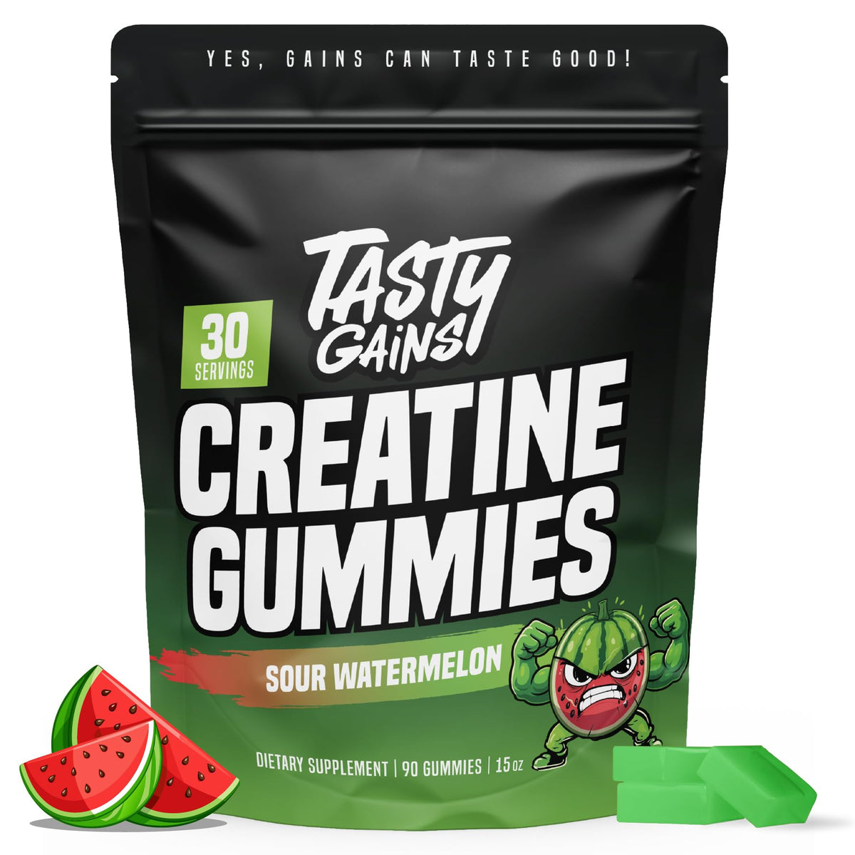 TASTY GAINS Creatine Gummies front view with packaging