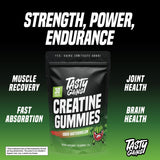 TASTY GAINS Creatine Gummies lifestyle scene with fitness gear