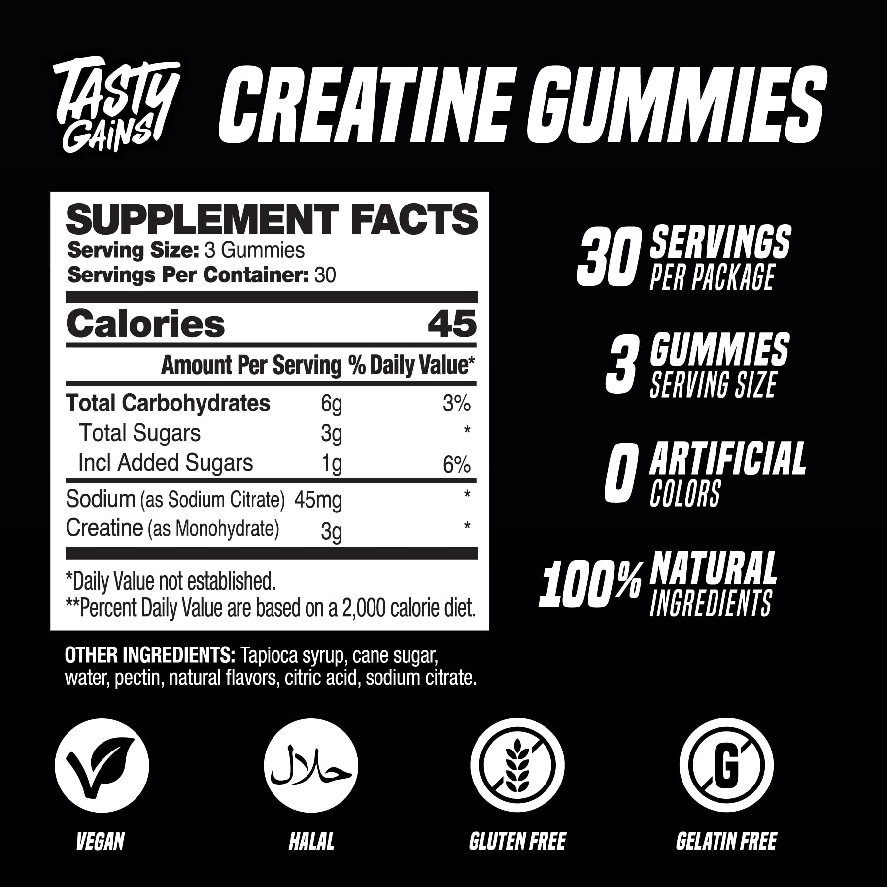 TASTY GAINS Creatine Gummies nutritional information
