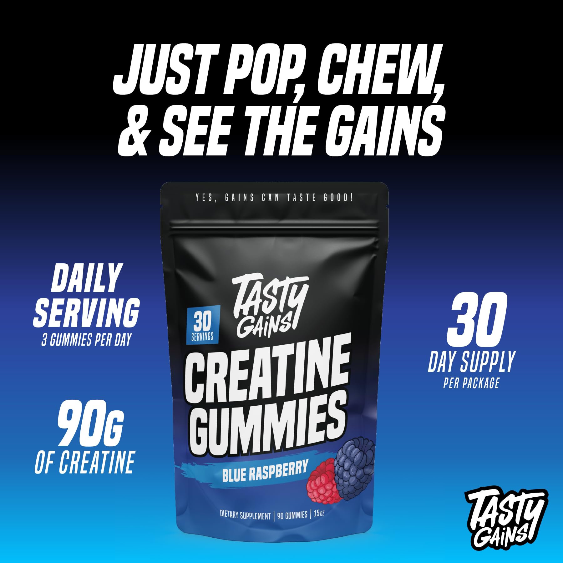 TASTY GAINS Creatine Gummies packaging side view