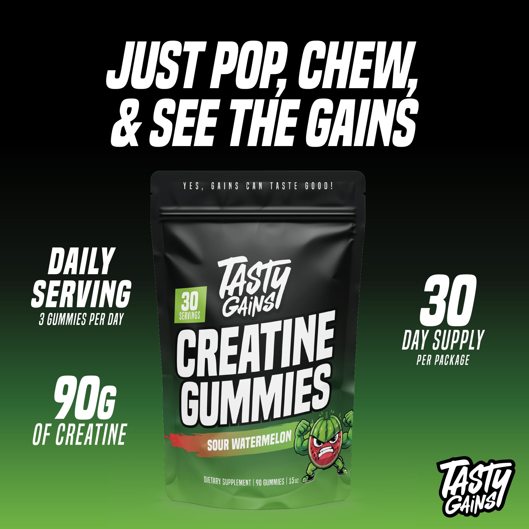 TASTY GAINS Creatine Gummies side view of bottle