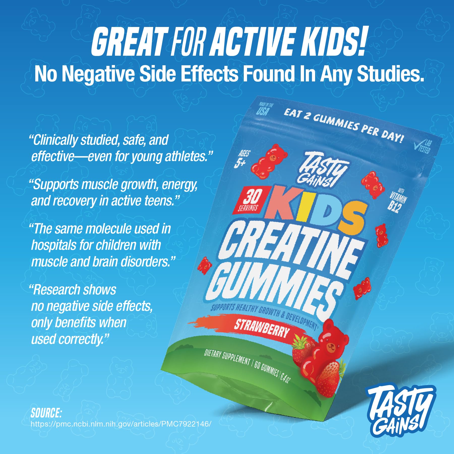 TASTY GAINS Kids & Teens Gummies displayed with fruits