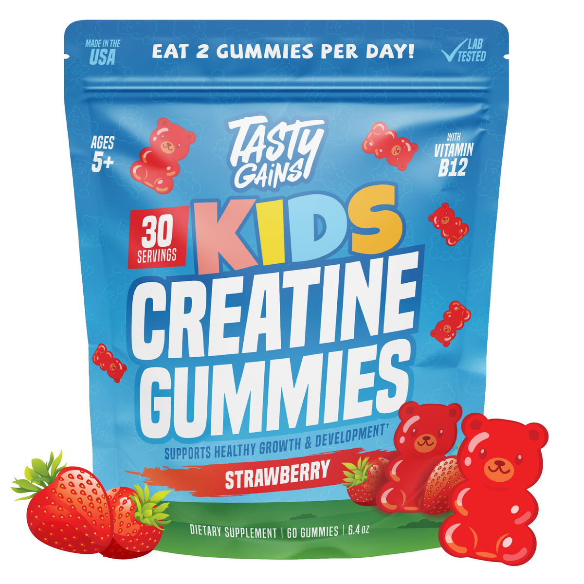 TASTY GAINS Kids & Teens Gummies front view with packaging