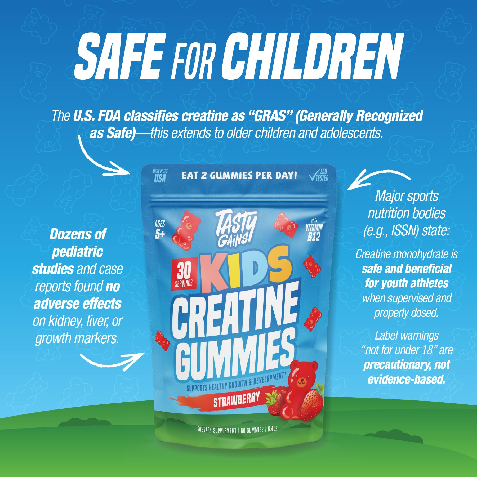 TASTY GAINS Kids & Teens Gummies in a child's hand