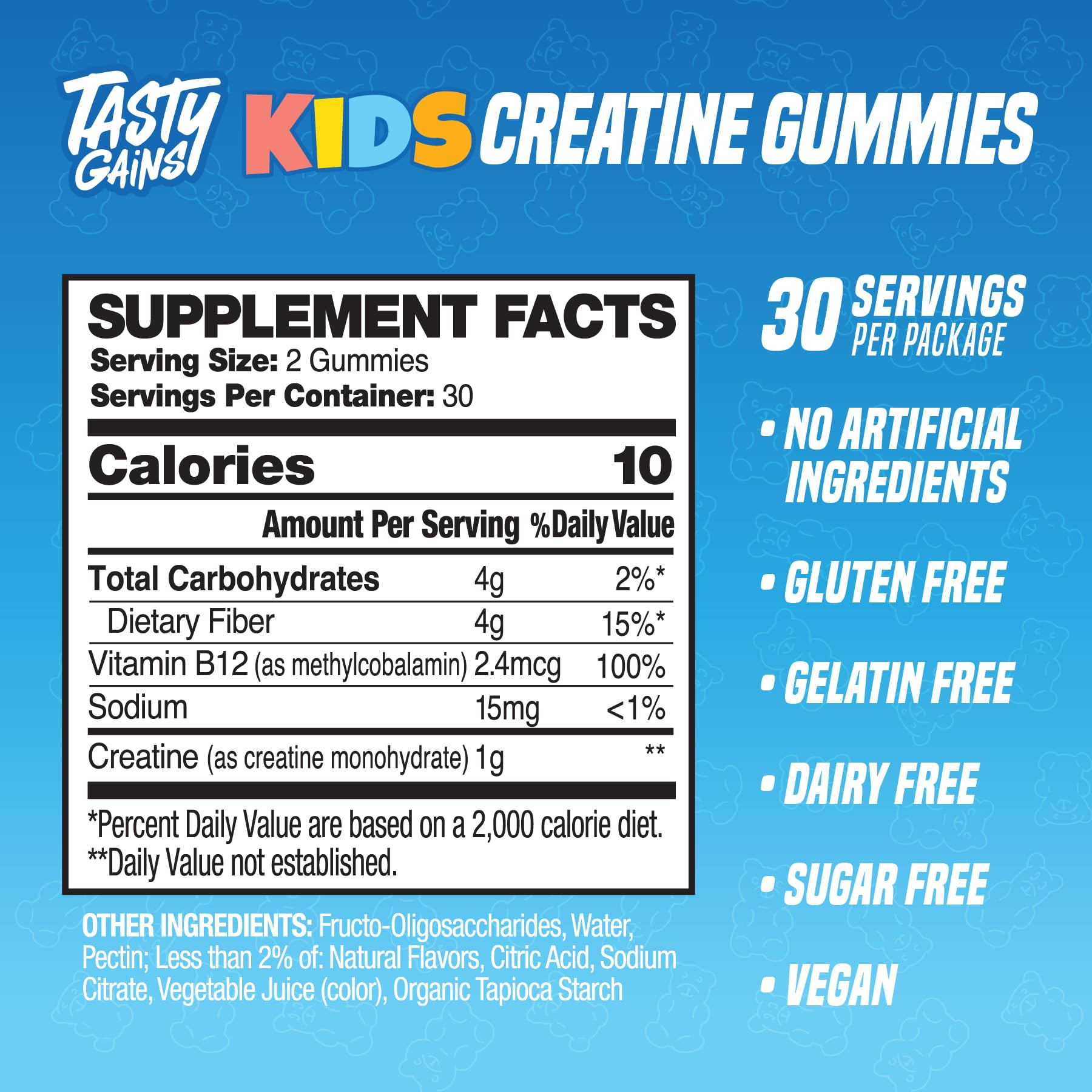 TASTY GAINS Kids & Teens Gummies side view with nutritional information