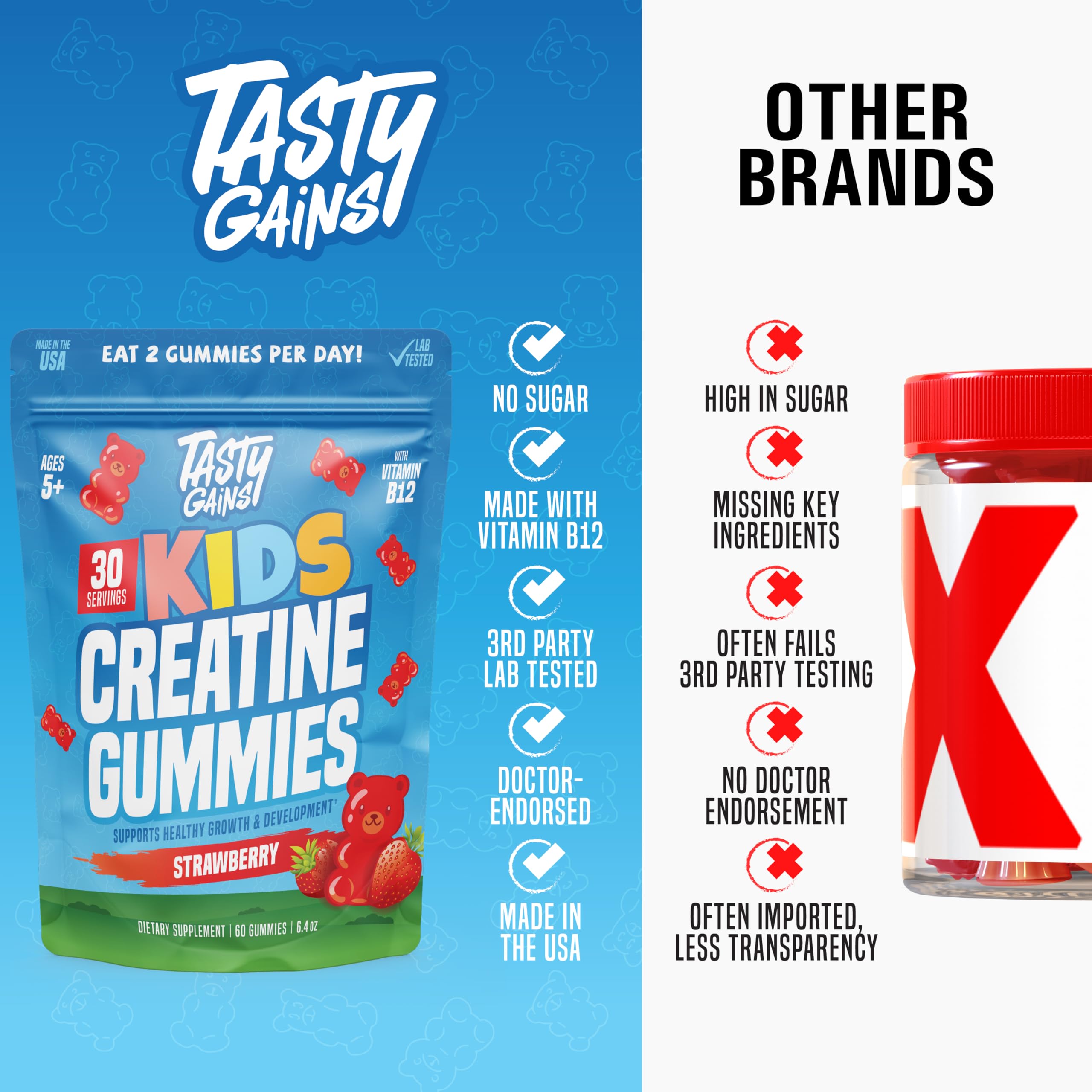 TASTY GAINS Kids & Teens Vitamin Gummies with a measuring spoon
