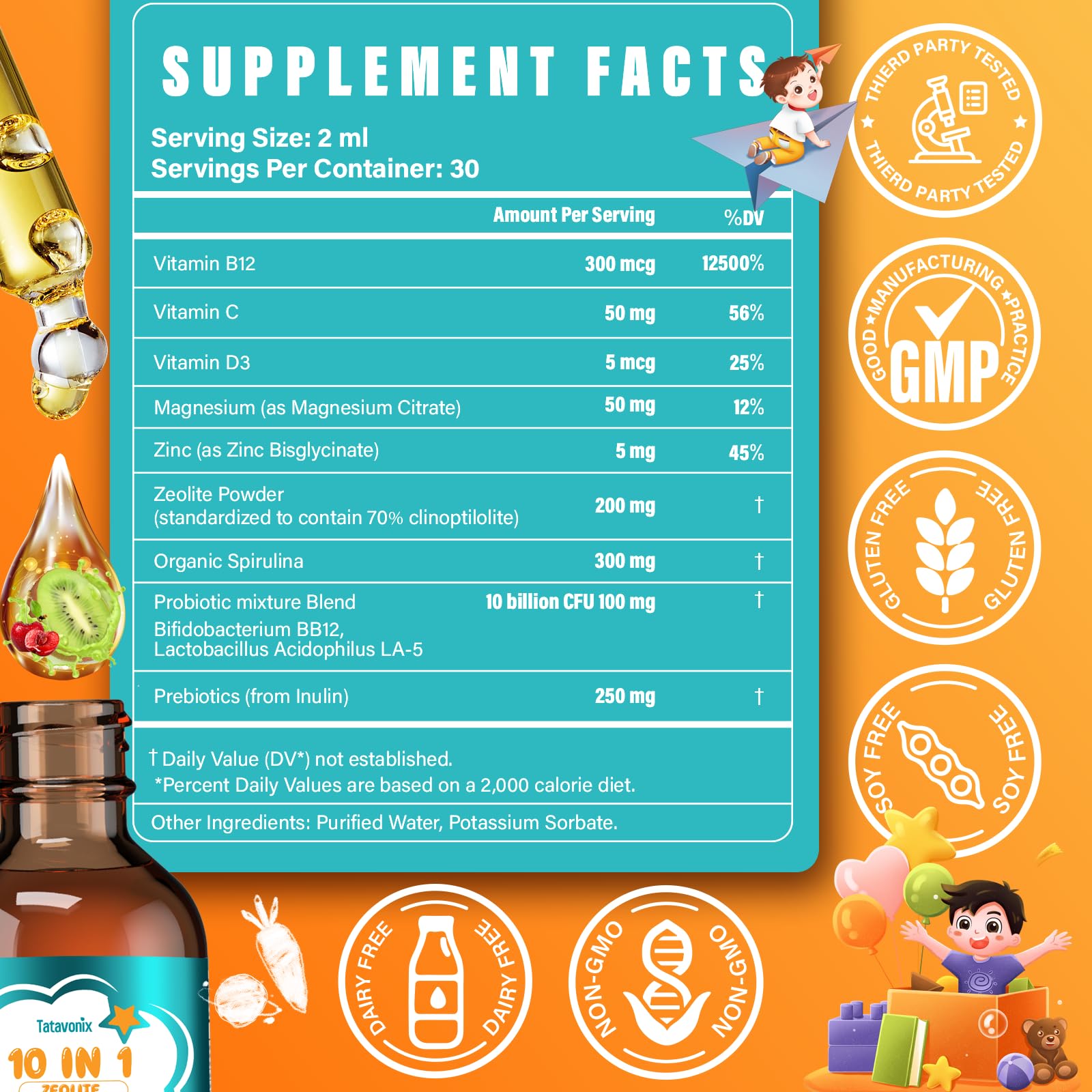 Tatavonix 10 in 1 Zeolite Liquid Drops 2oz with a glass of water