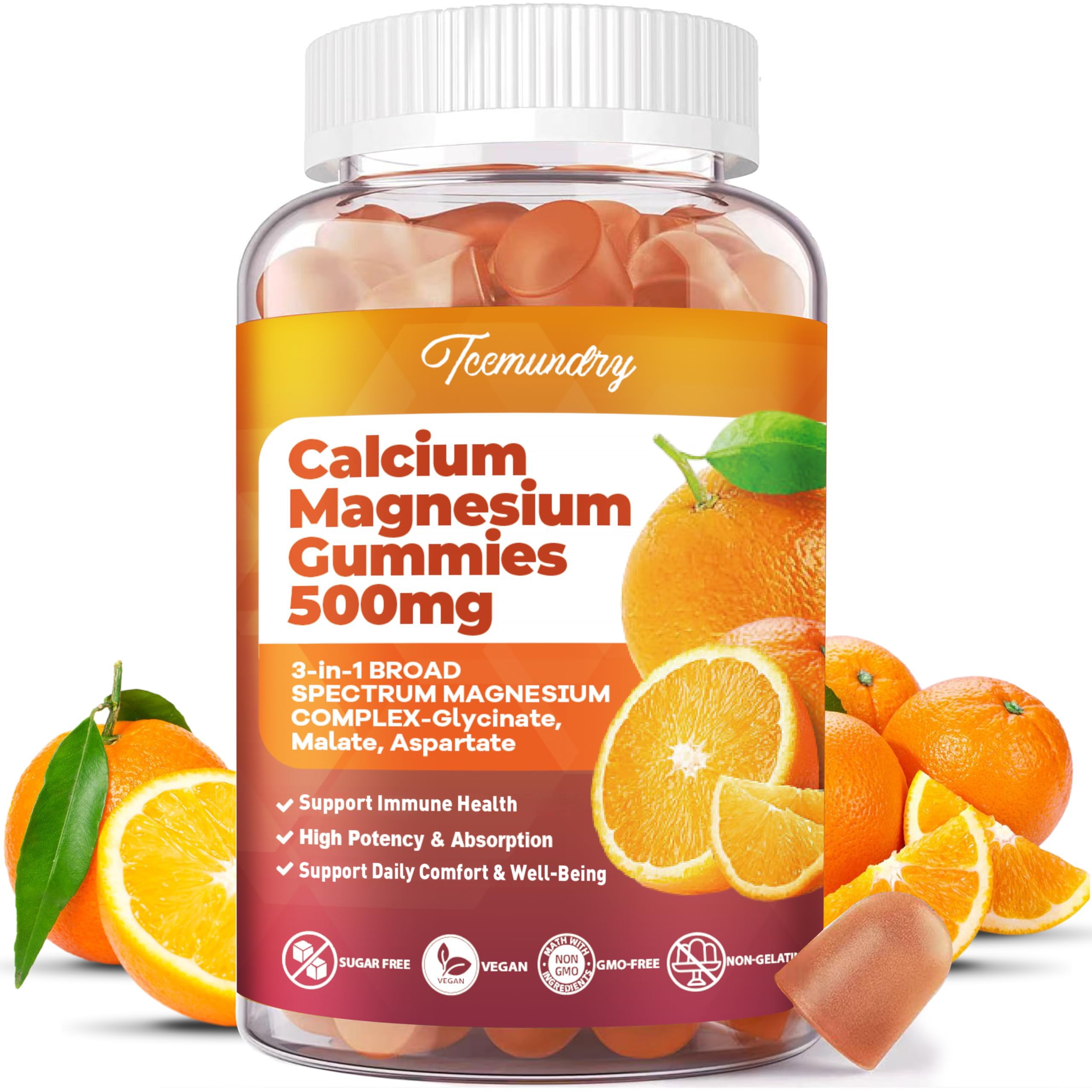 Tcemundry Calcium Magnesium Gummies front view with packaging