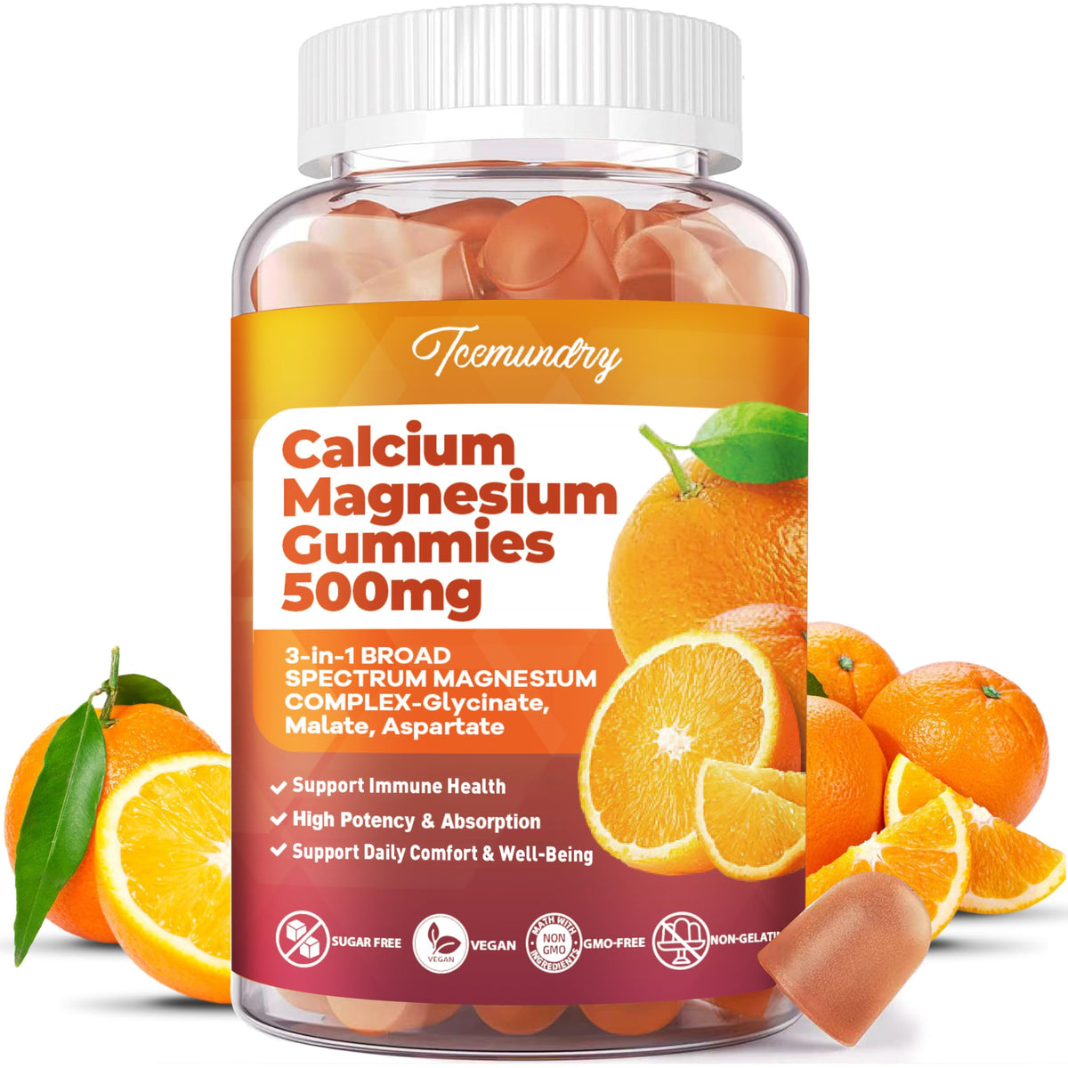 Tcemundry Calcium Magnesium Gummies front view with packaging