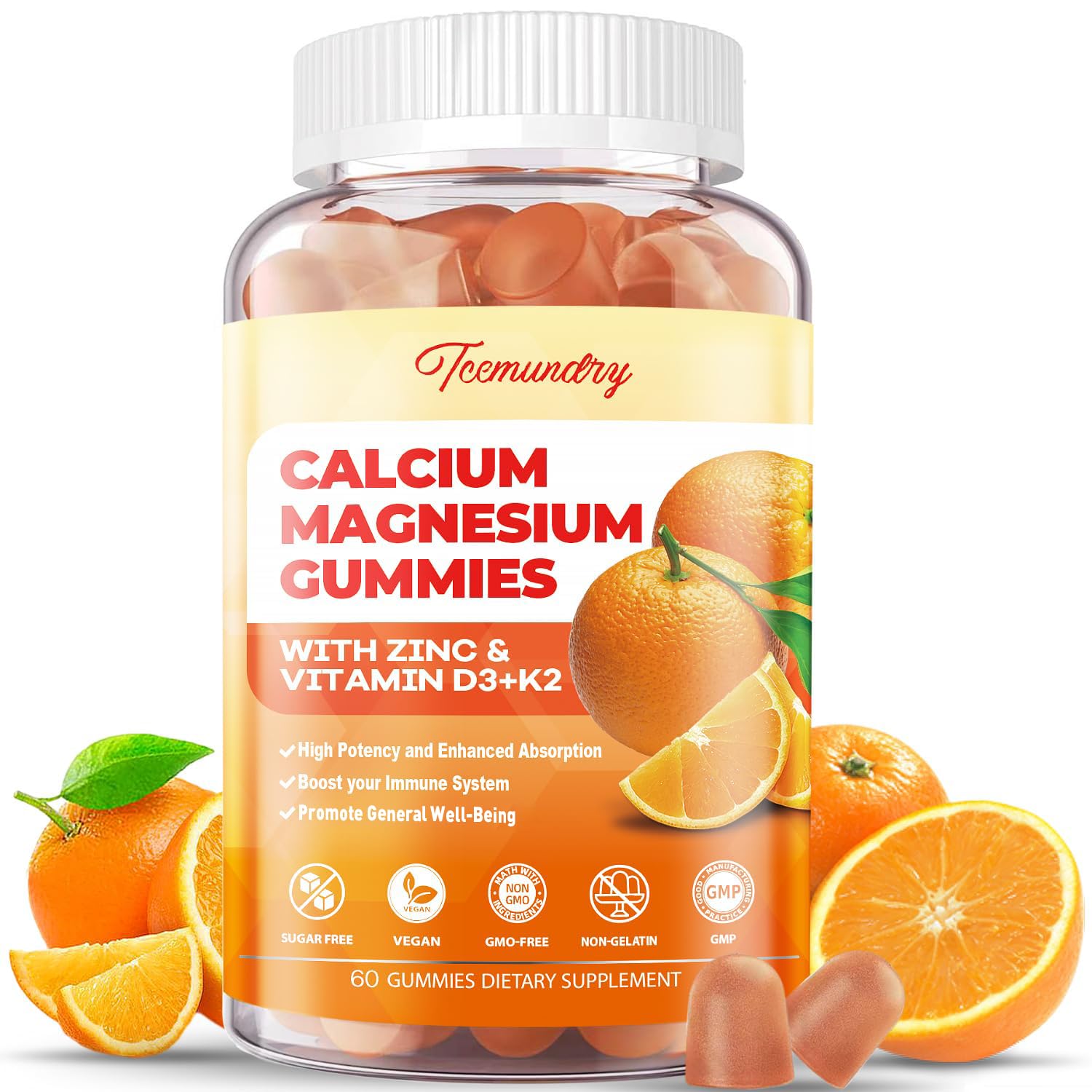 Tcemundry Calcium Magnesium Zinc Gummies front view with packaging