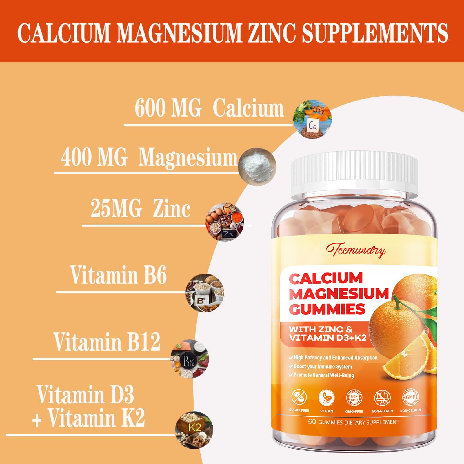 Tcemundry Calcium Magnesium Zinc Gummies side view of bottle
