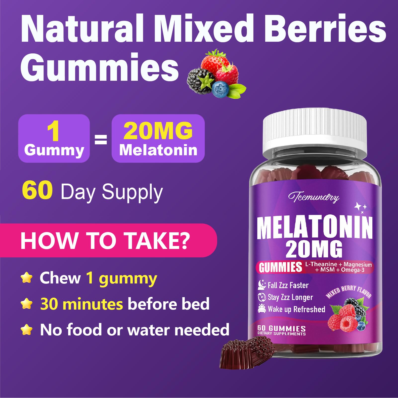 Tcemundry Melatonin Gummies 20mg displayed with natural ingredients