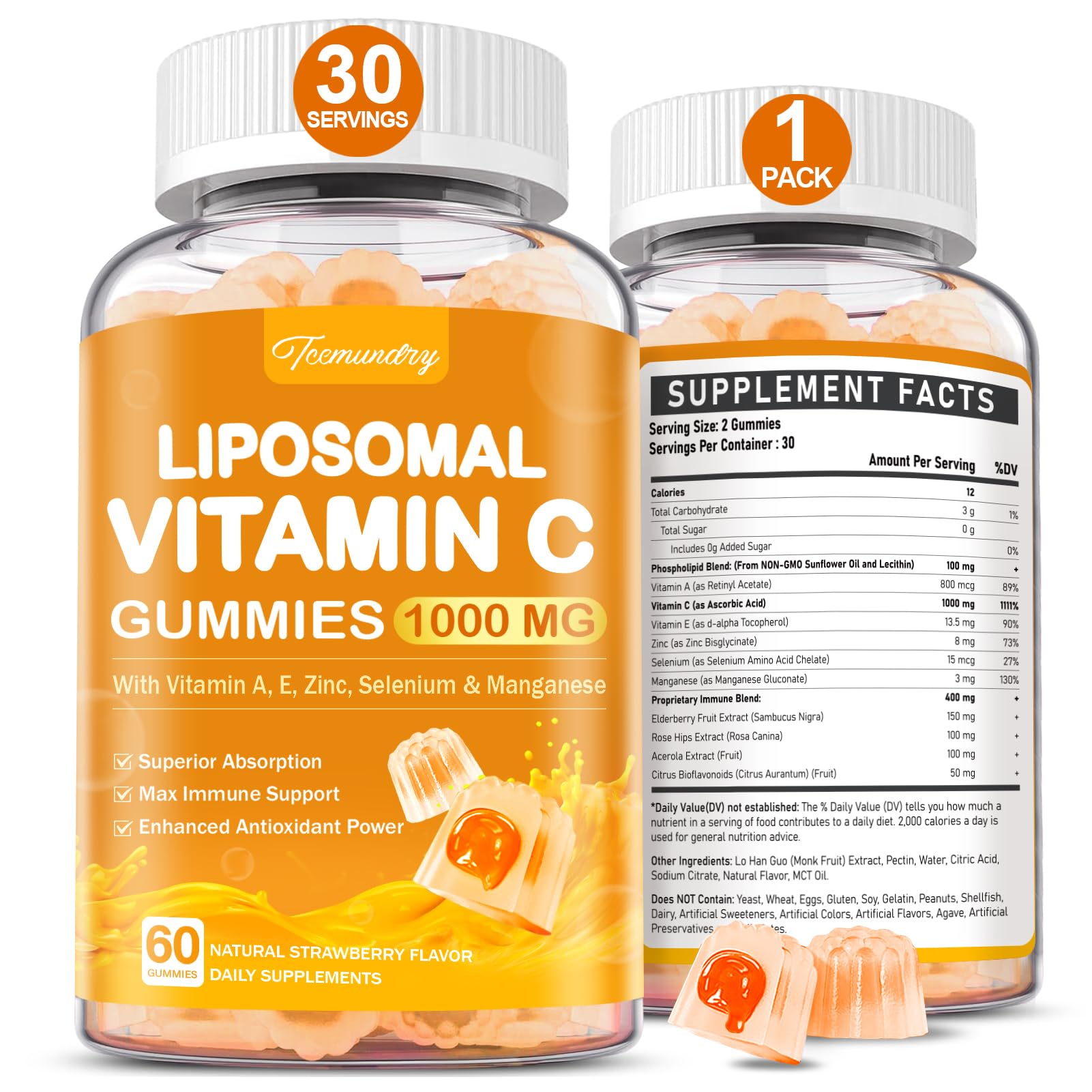 Tcemundry Vitamin C Gummies 1000mg strawberry flavour front view