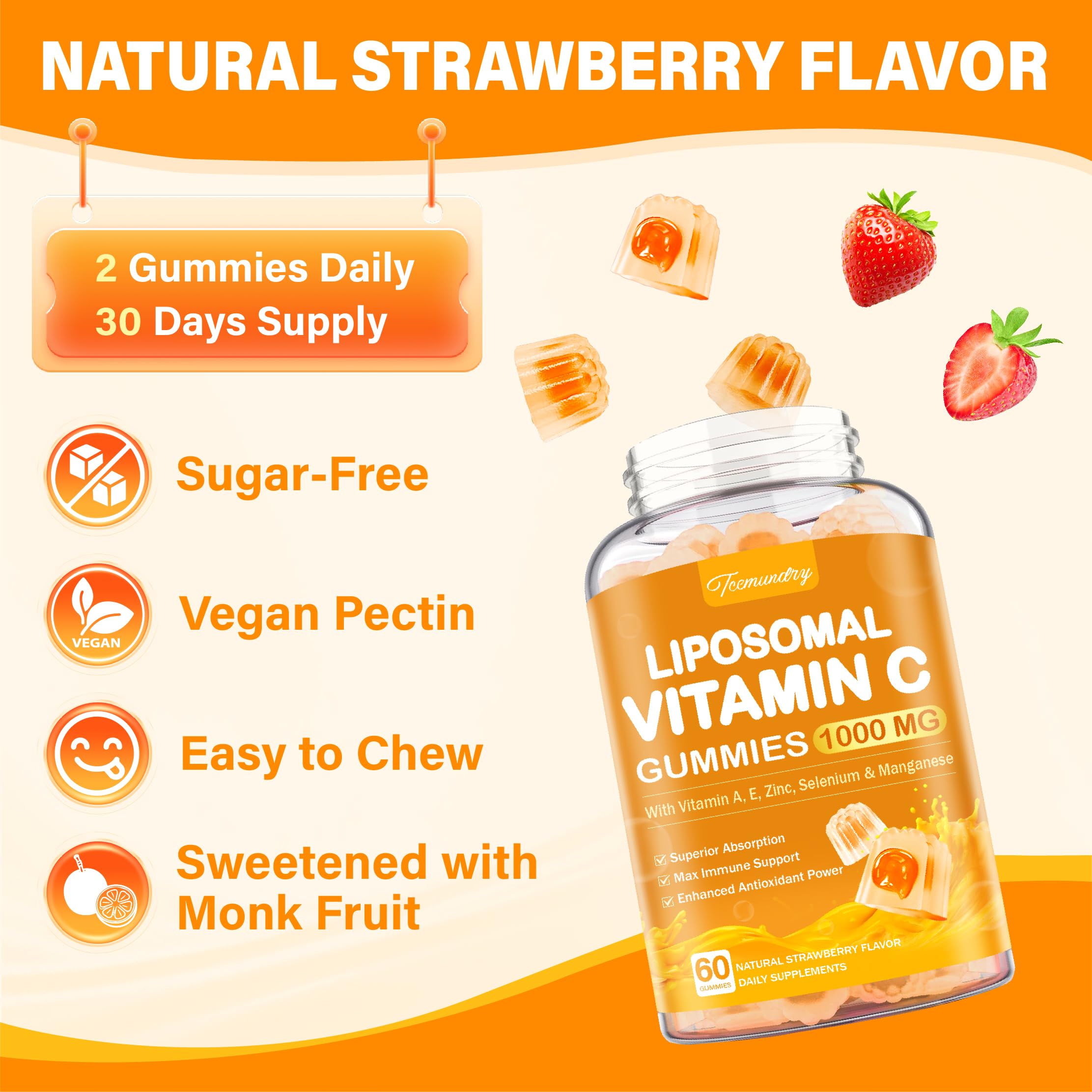 Tcemundry Vitamin C Gummies 1000mg with fresh strawberries