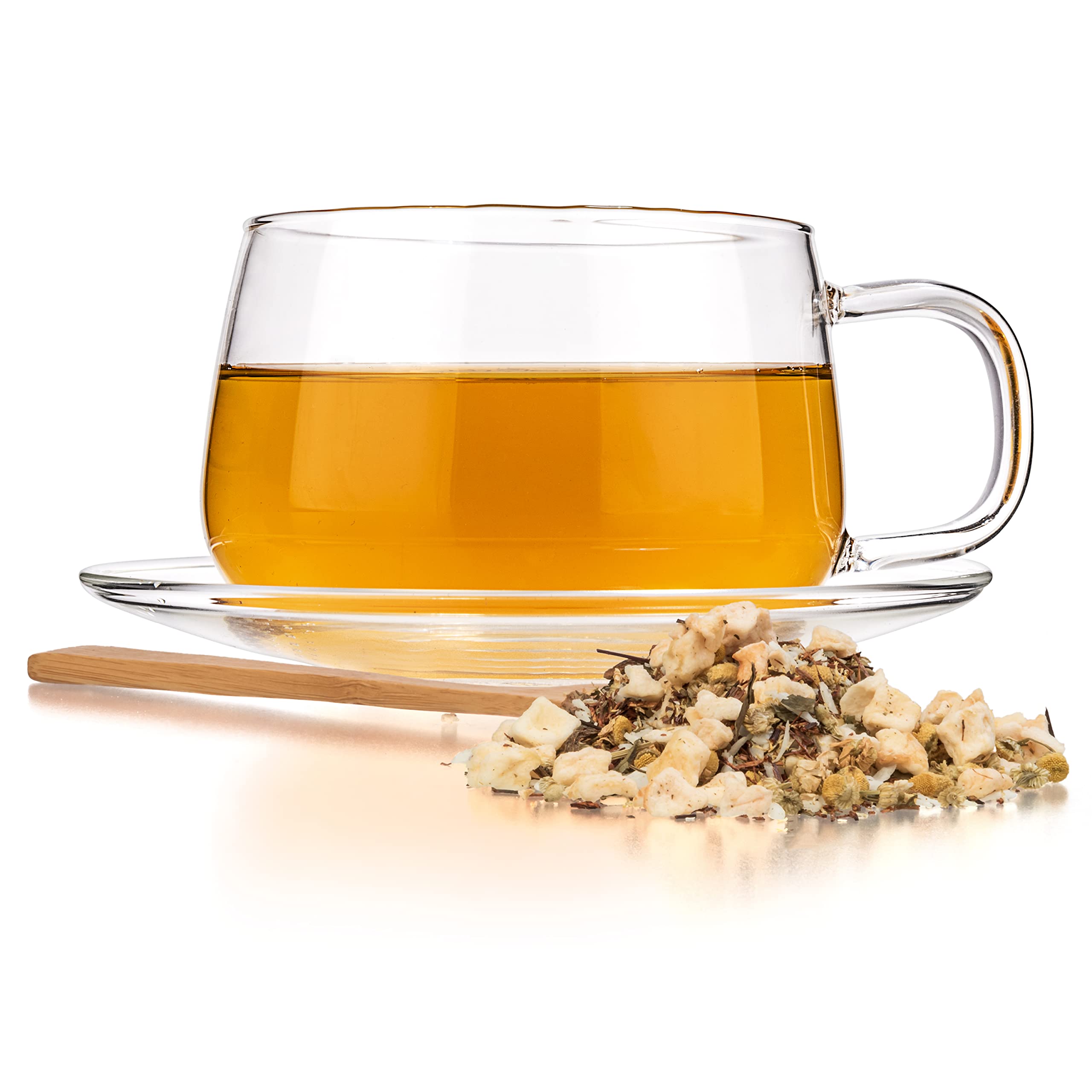 Tealyra Sleepy Nights Chamomile Herbal Blend in a cup with steam