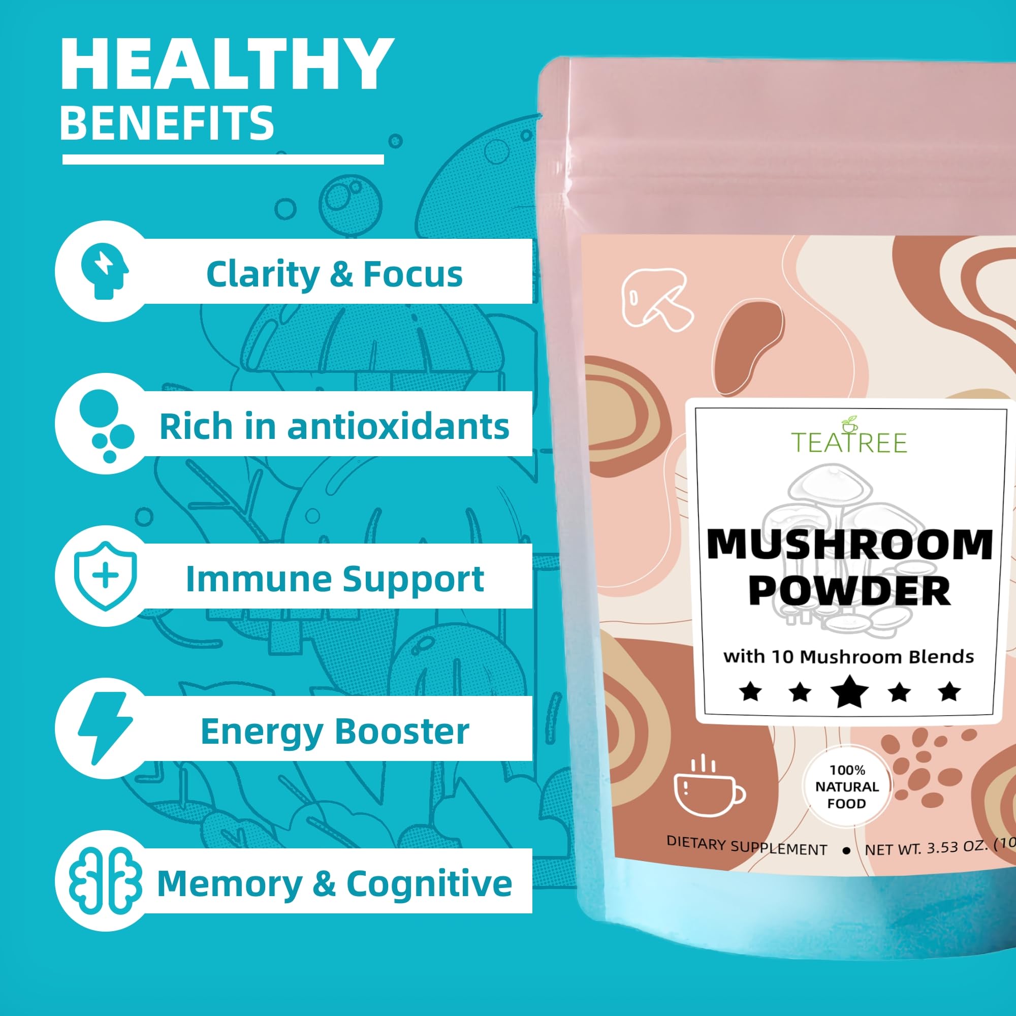 TEATREE 10 Mushroom Powder lifestyle scene with coffee