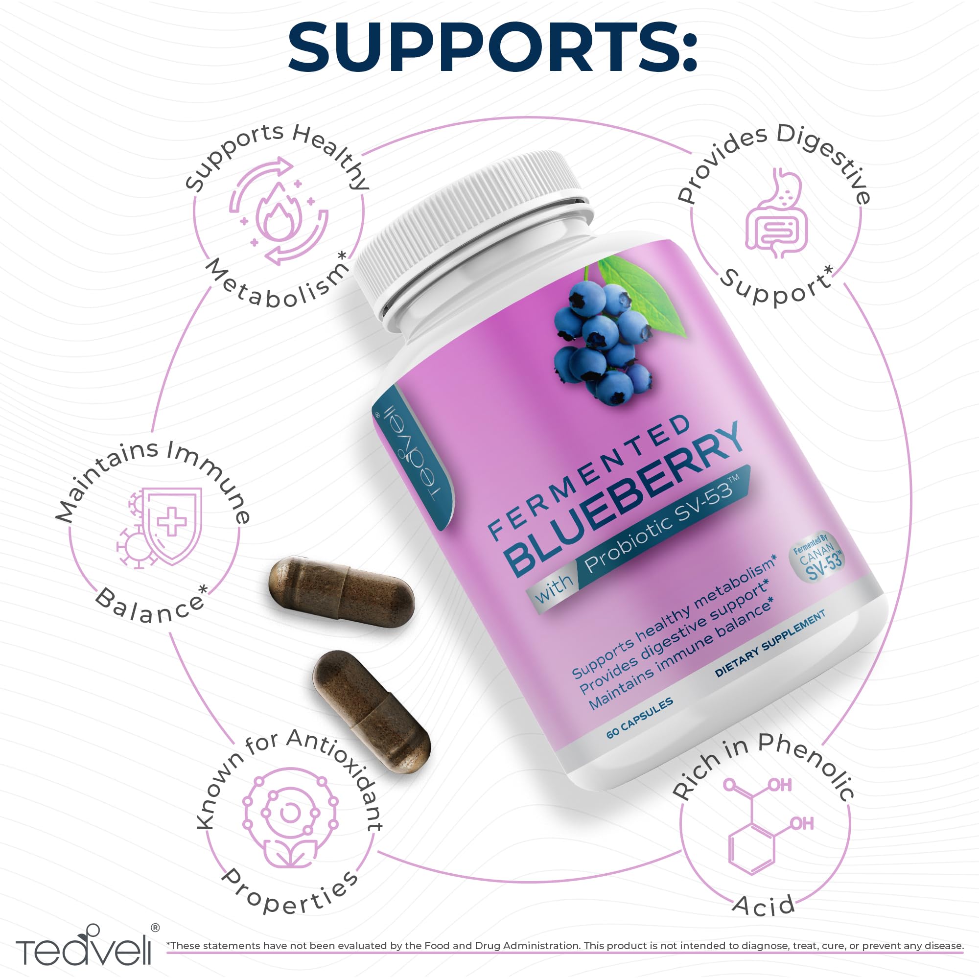 Teaveli Blueberry Supplement 50g capsule close-up