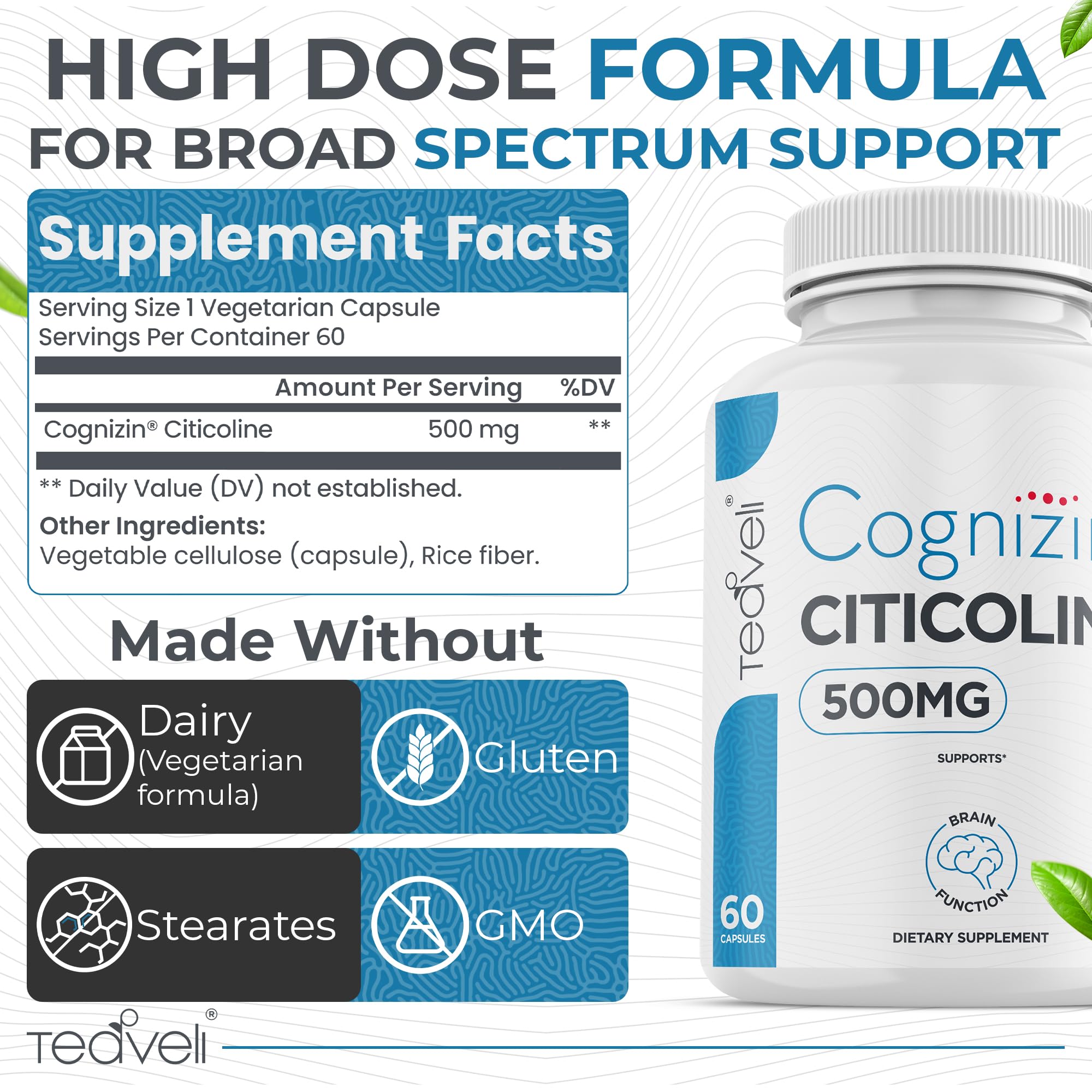 Teaveli Cognizin Citicoline Capsules 500mg side view