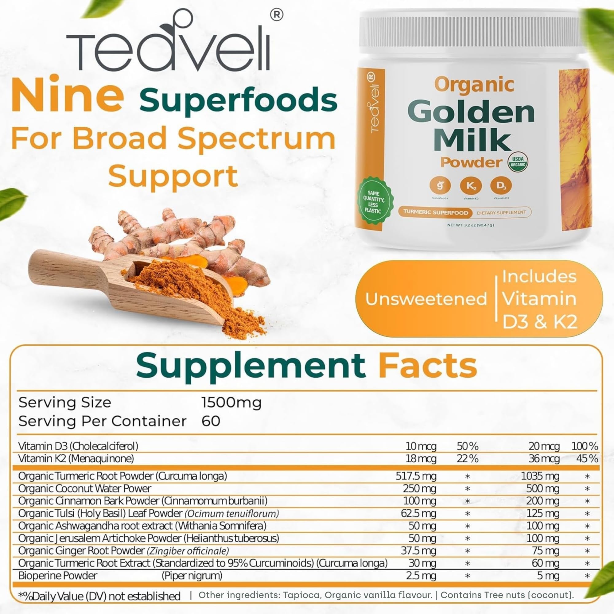 Teaveli Golden Milk Powder packaging side view