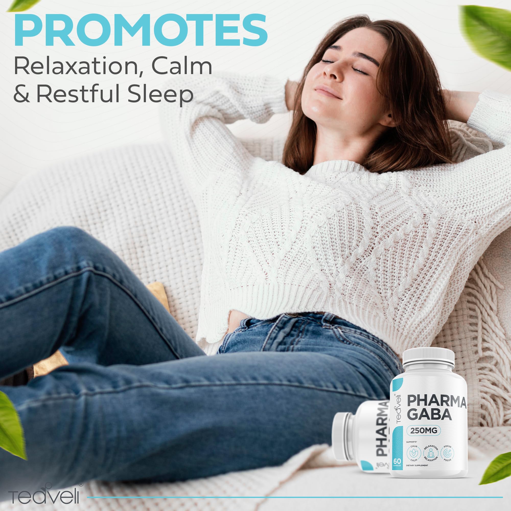 Teaveli Pharma GABA Supplement 250mg on a wooden table