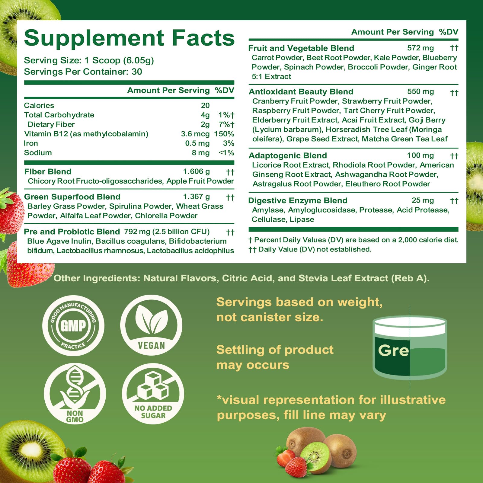 Tecepec Super Greens Powder 240g side view showing ingredients