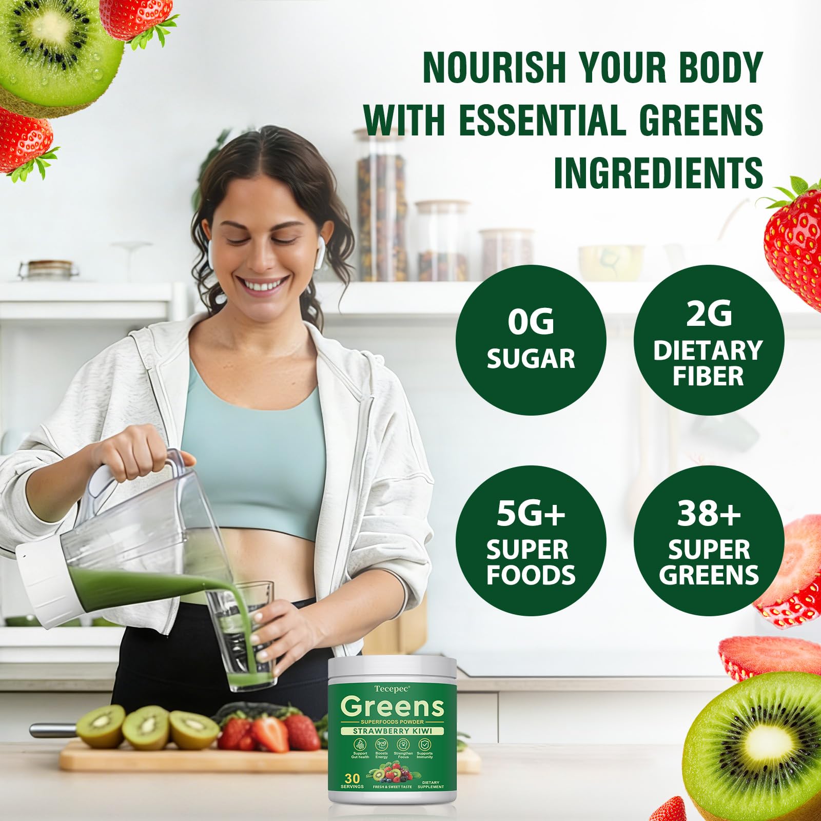 Tecepec Super Greens Powder canister on a kitchen counter