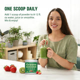 Tecepec Super Greens Powder with fresh strawberries and kiwis