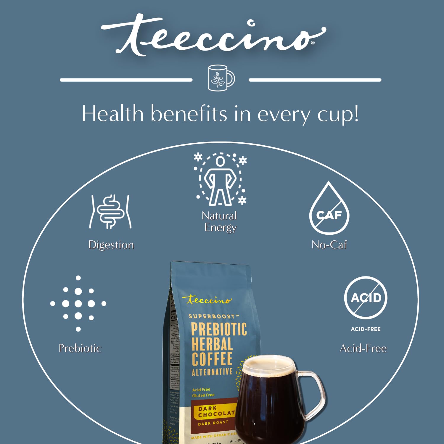 Teeccino Dark Chocolate Prebiotic Coffee Alternative brewed cup