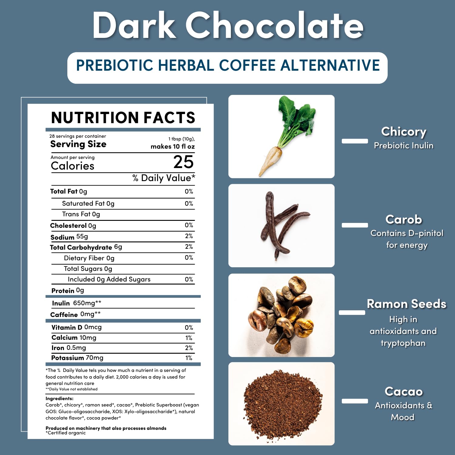 Teeccino Dark Chocolate Prebiotic Coffee Alternative inside contents