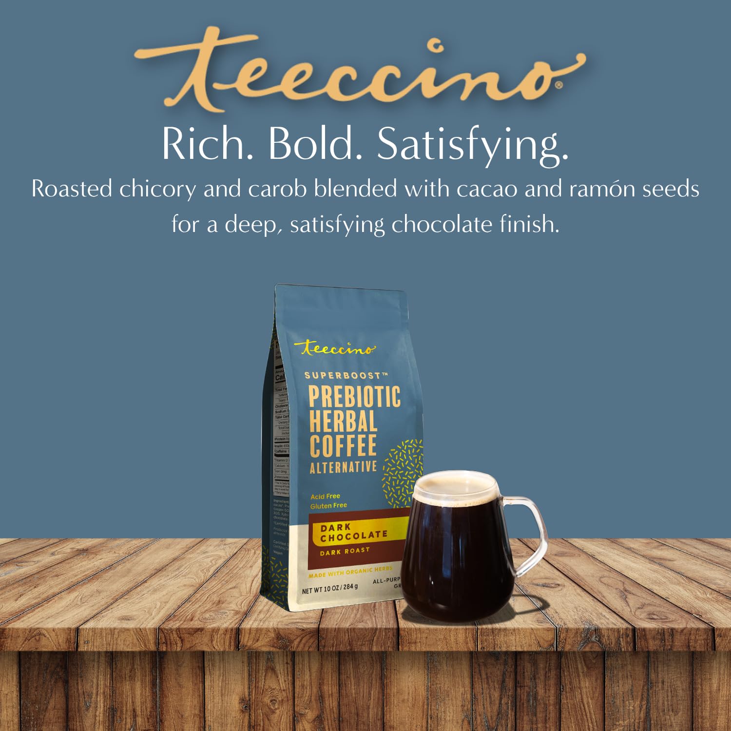 Teeccino Dark Chocolate Prebiotic Coffee Alternative with coffee maker