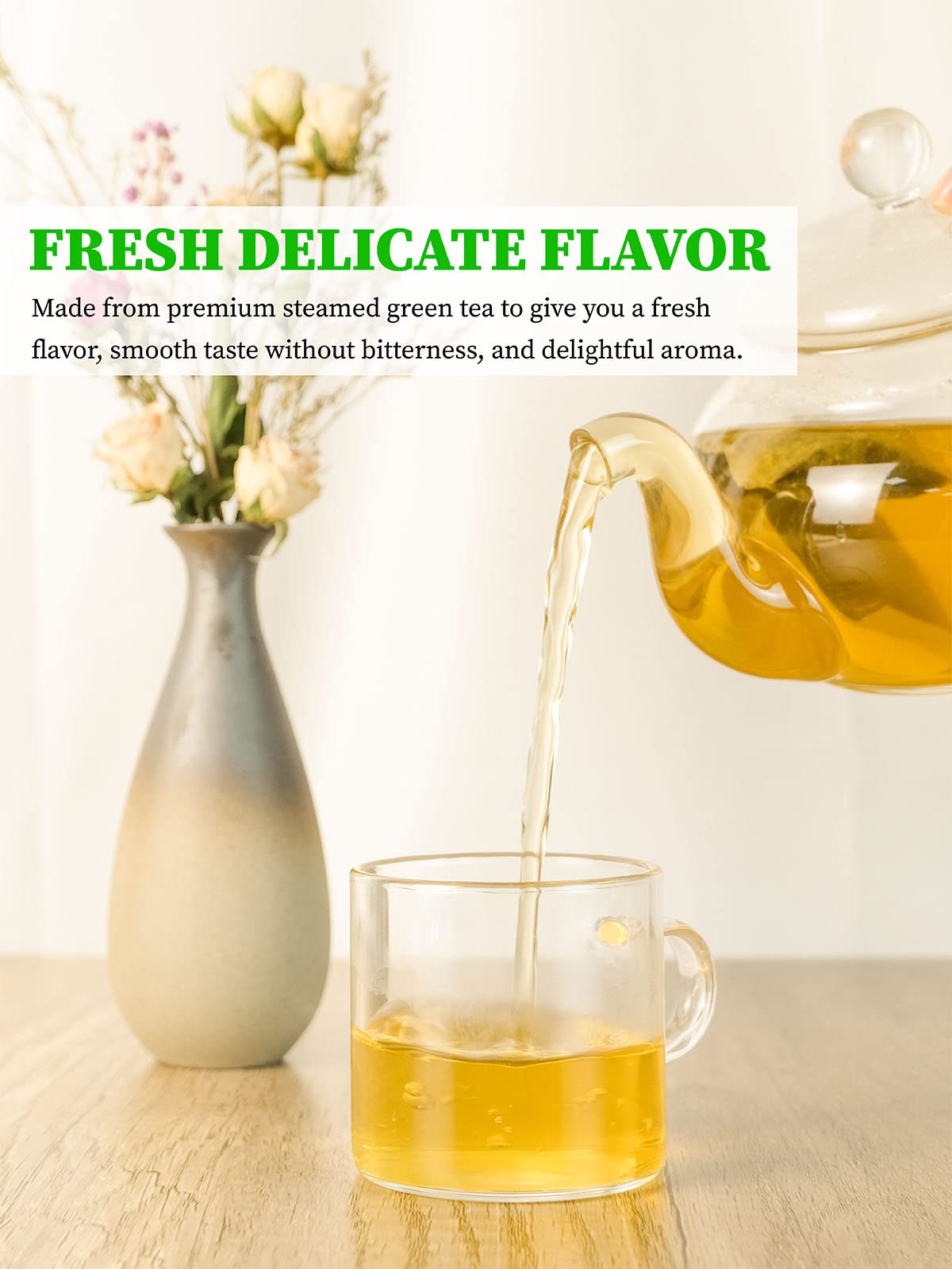TeeLux Decaffeinated Green Tea brewed in a cup