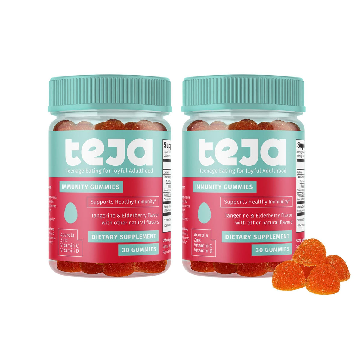 TEJA daily wellness Gummies front view, tangerine and elderberry flavours